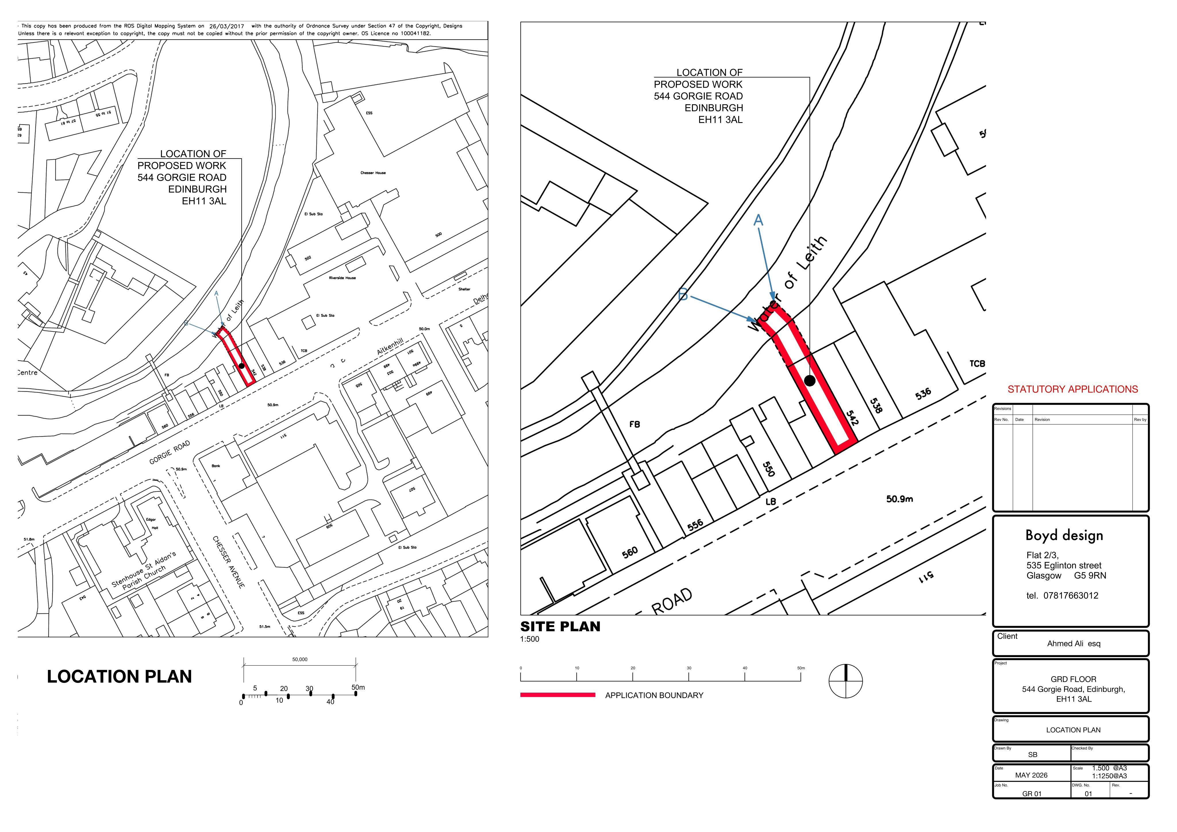 Planning document preview for application 26/02584/FUL, at 544 Gorgie Road Edinburgh EH11 3AL, showing (01) LOCATION PLAN & SITE PLAN, page 1