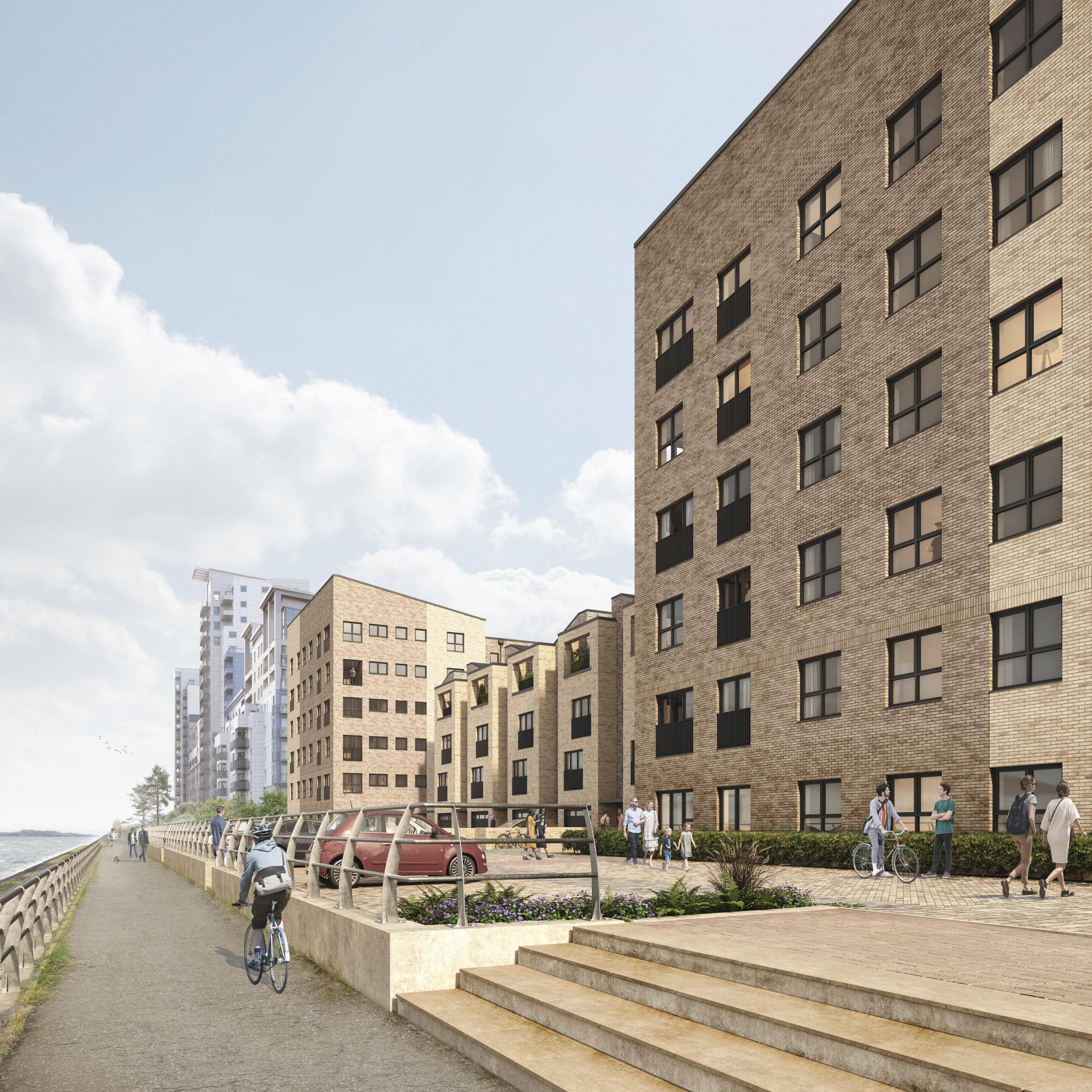Planning document preview for application 26/02586/FUL, at Land 80 Metres East Of 5 Western Harbour Way Edinburgh, showing (39) 3D VISUALISATION - THE PROMENADE, page 1