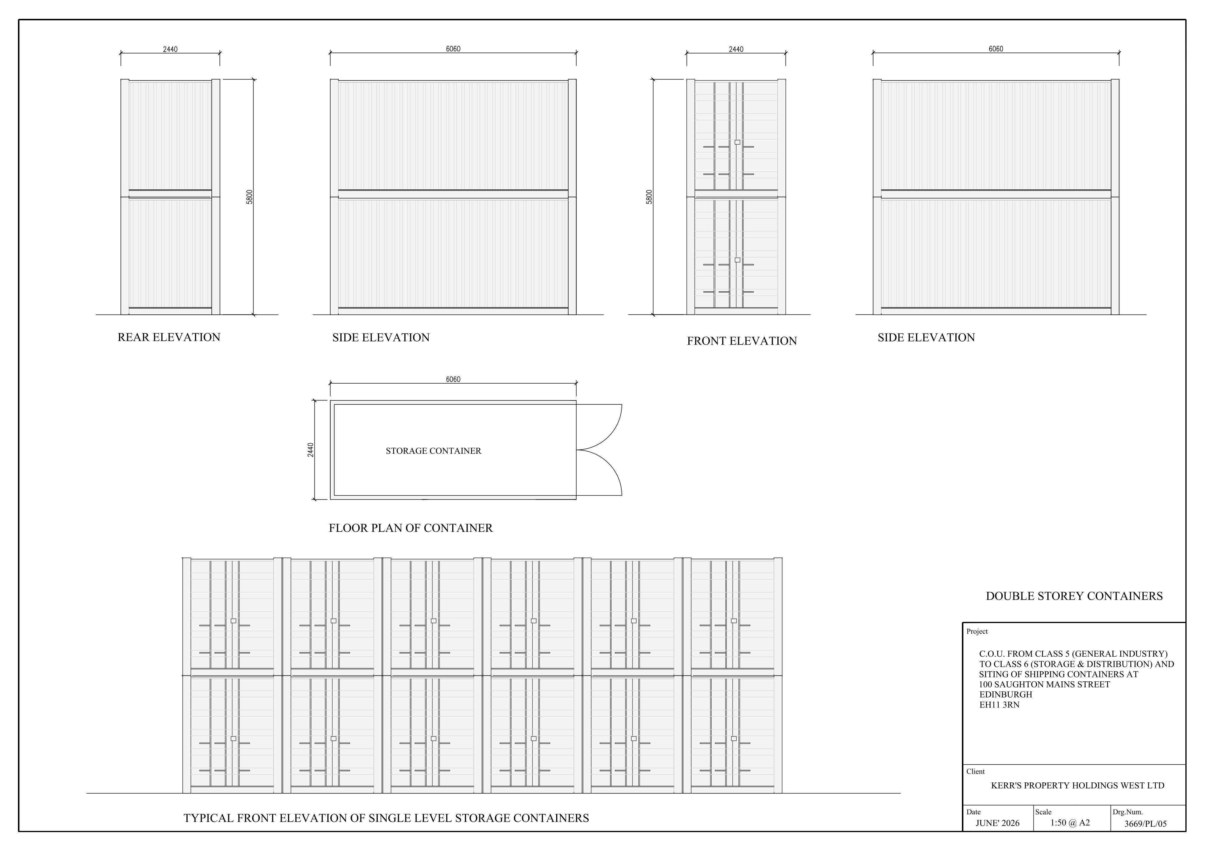 Planning document preview for application 26/02686/FUL, at 100 Saughton Mains Street Edinburgh EH11 3NR, showing (04) PROPOSED SHIPPING CONTAINERS, page 1