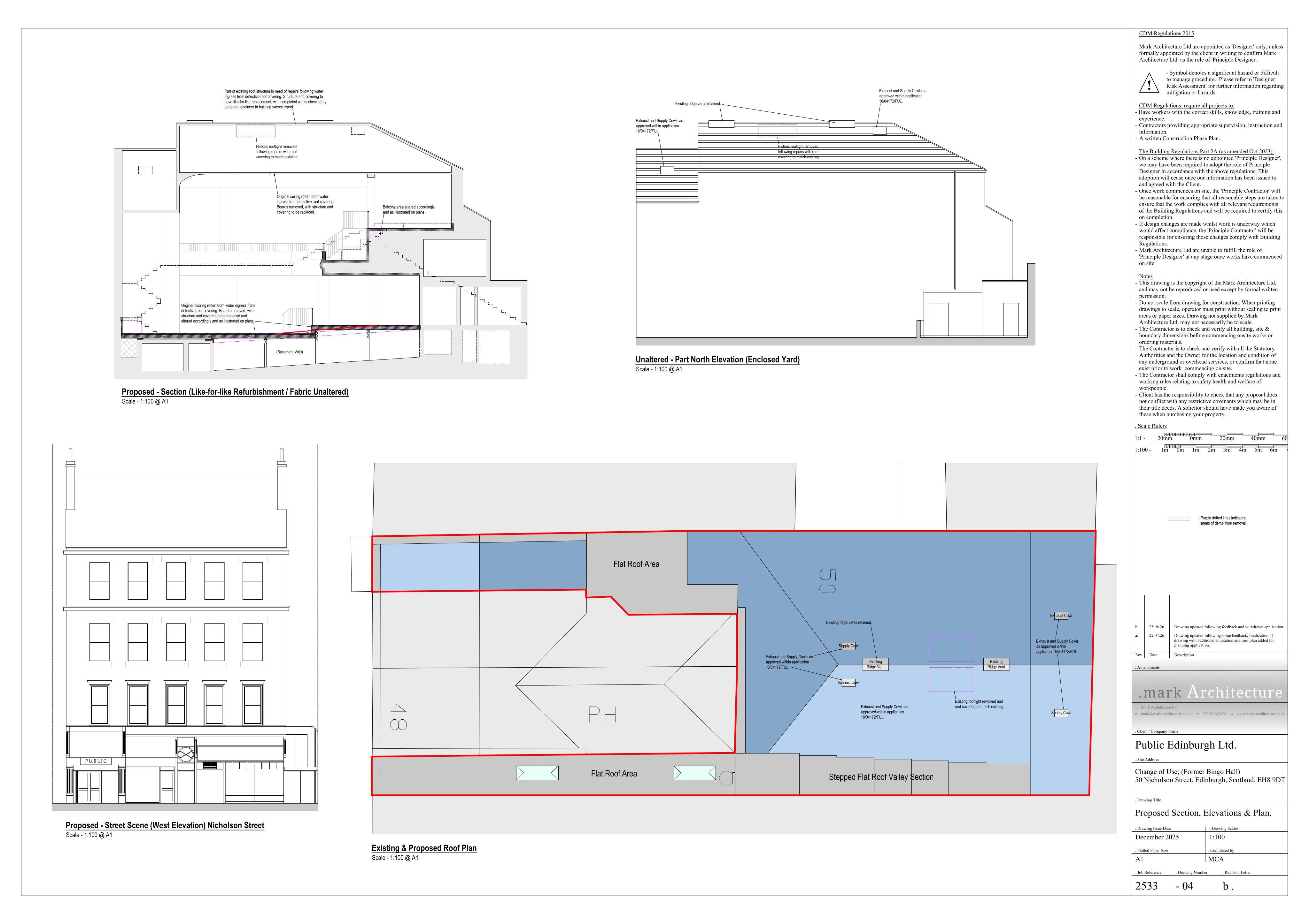 Planning document preview for application 26/02688/FUL, at 50 Nicolson Street Edinburgh EH8 9DT, showing (05) PROPOSED SECTION AND ELEVATIONS, page 1
