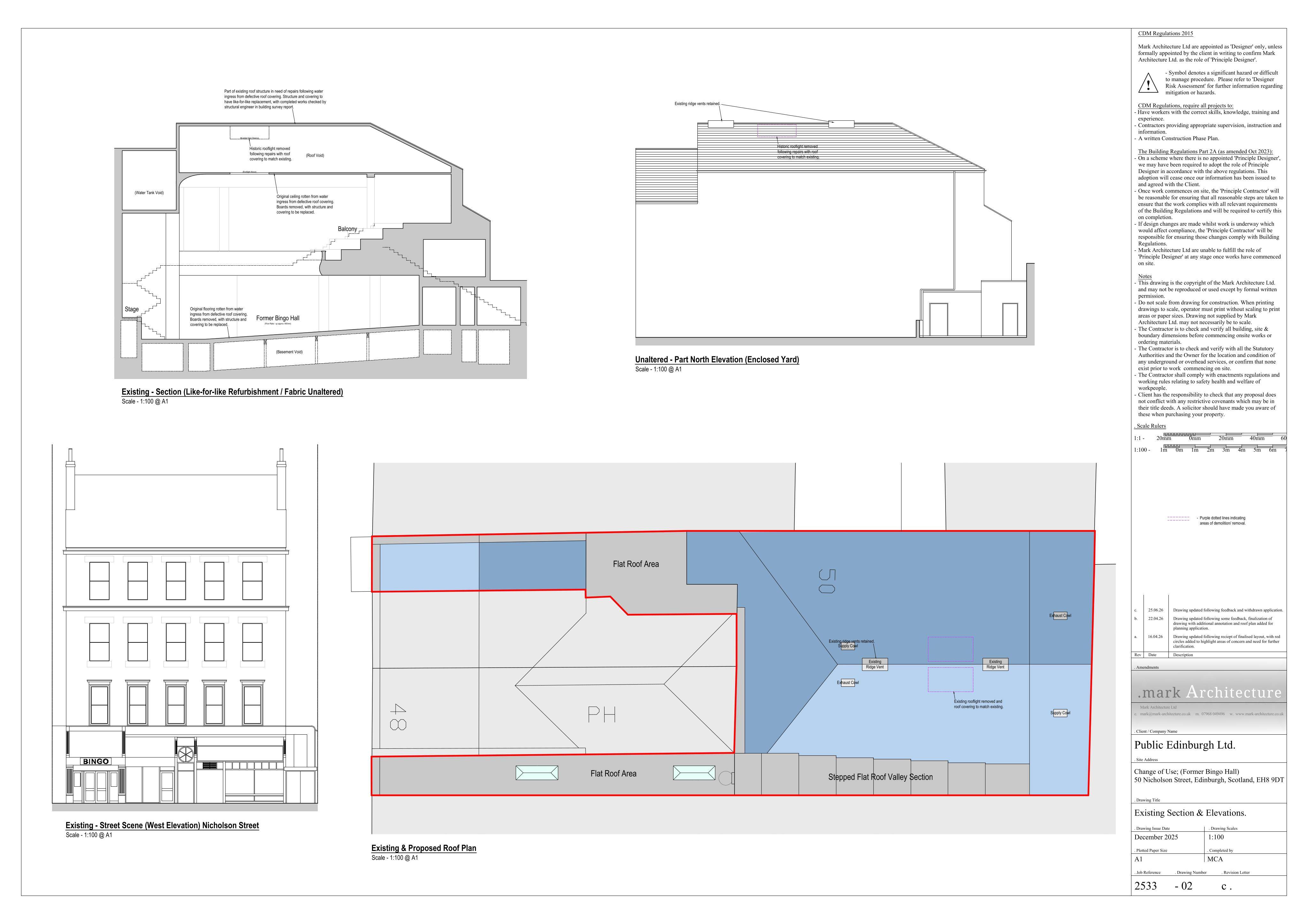 Planning document preview for application 26/02688/FUL, at 50 Nicolson Street Edinburgh EH8 9DT, showing (03) EXISTING SECTION AND ELEVATIONS, page 1