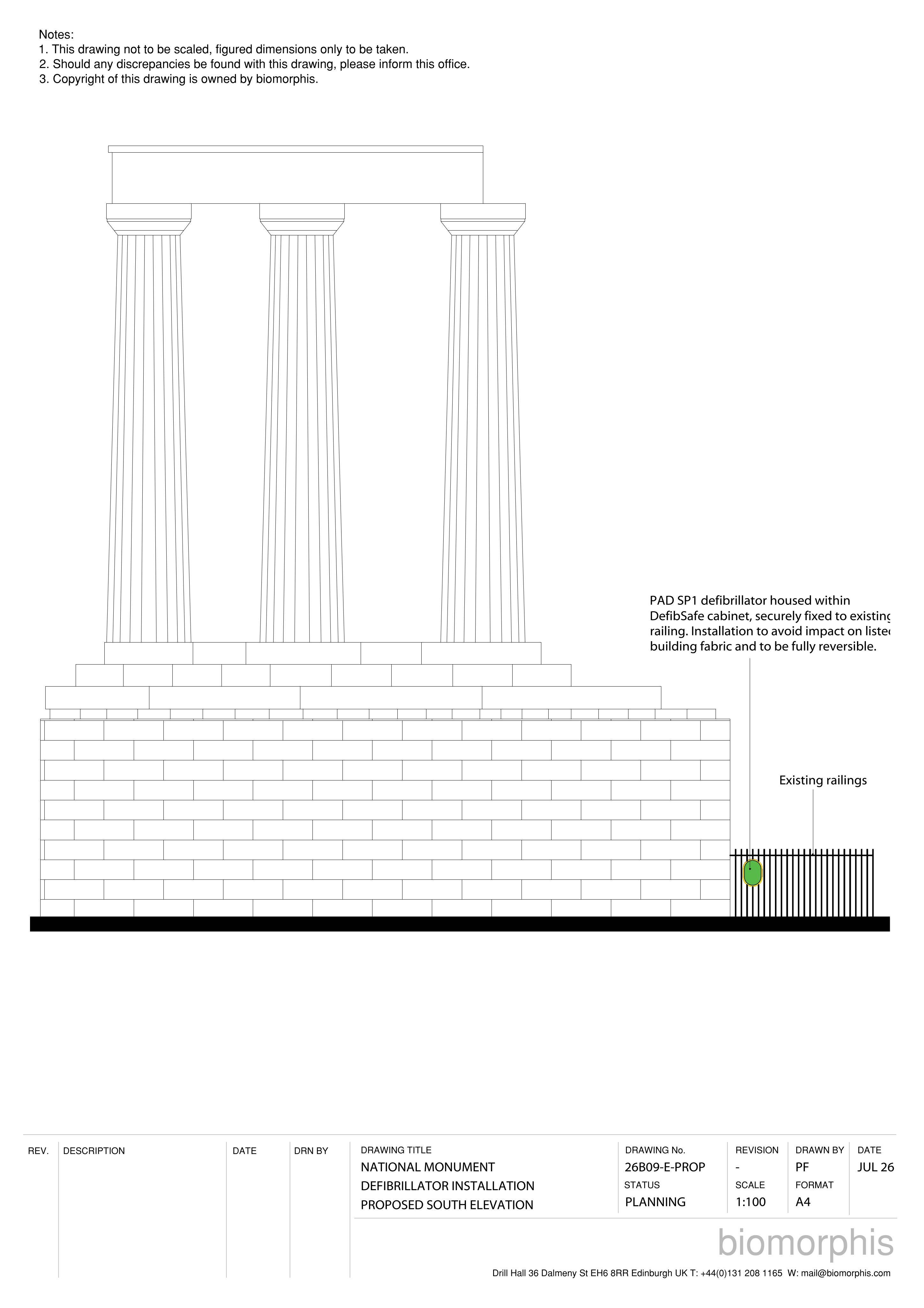 Planning document preview for application 26/02896/LBC, at National Monument 36 Calton Hill Edinburgh, showing 03 - PROPOSED SOUTH ELEVATION, page 1