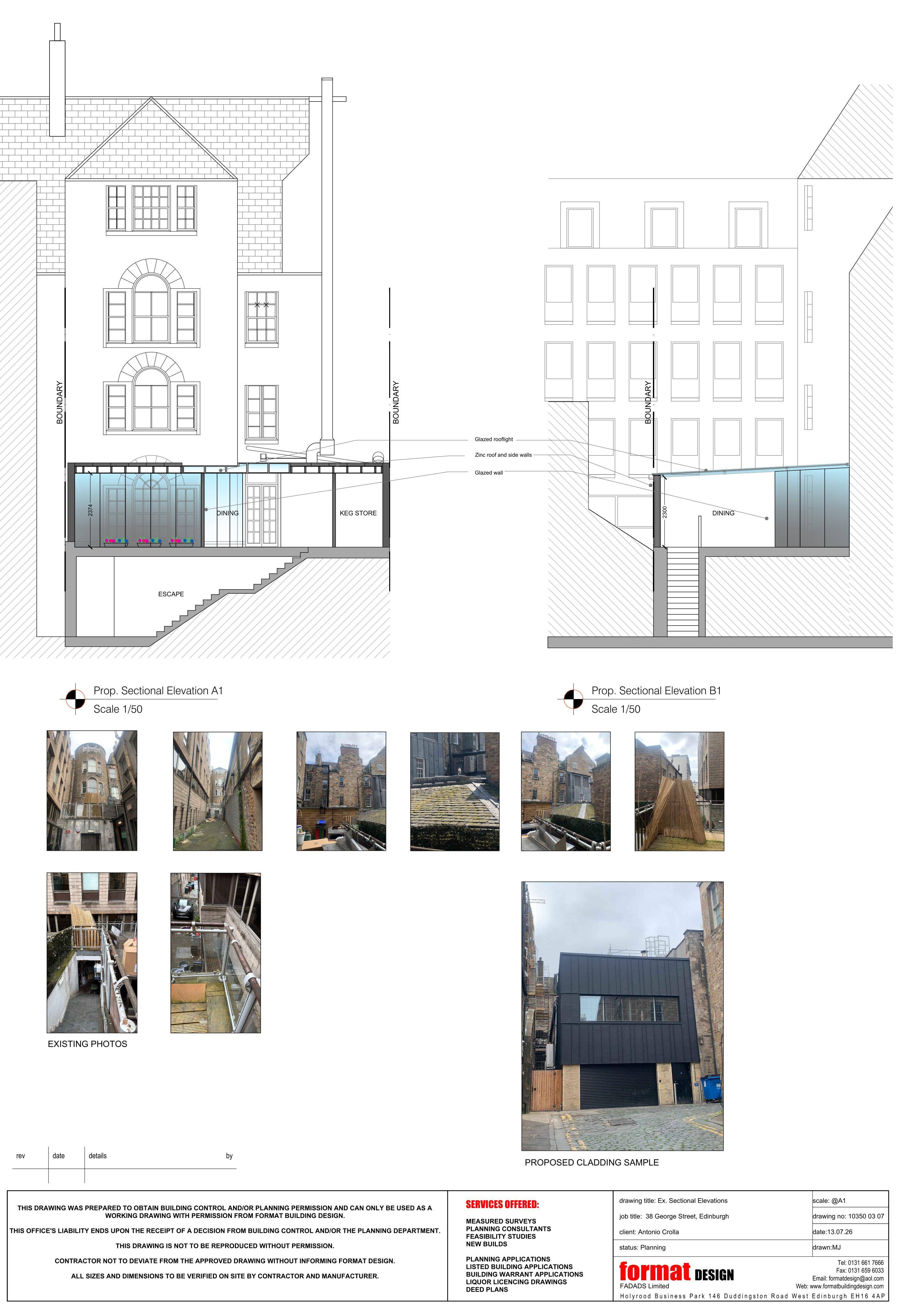 Planning document preview for application 26/02963/FUL, at 38 George Street New Town Edinburgh EH2 2LE, showing 05 - PROPOSED SECTIONAL ELEVATIONS, page 1