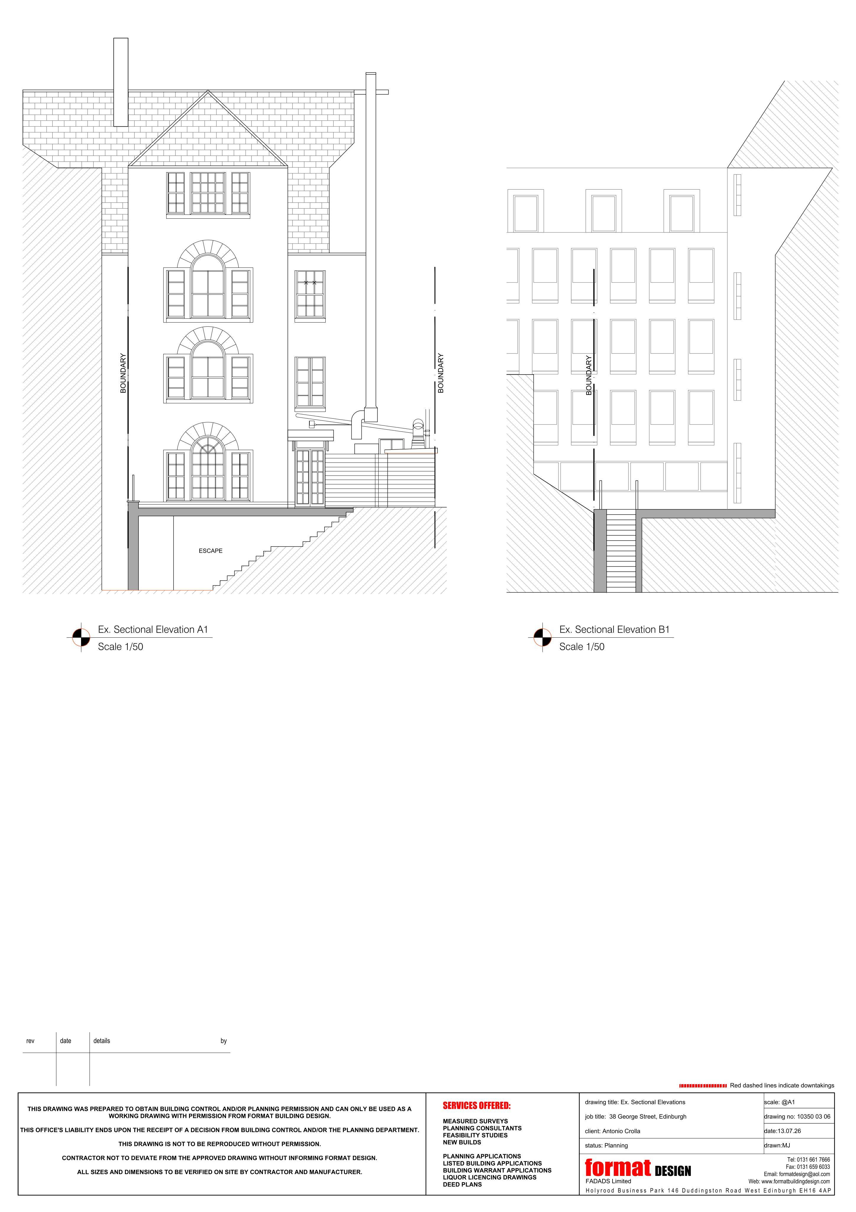 Planning document preview for application 26/02963/FUL, at 38 George Street New Town Edinburgh EH2 2LE, showing 03 - EXISTING SECTION ELEVATIONS, page 1