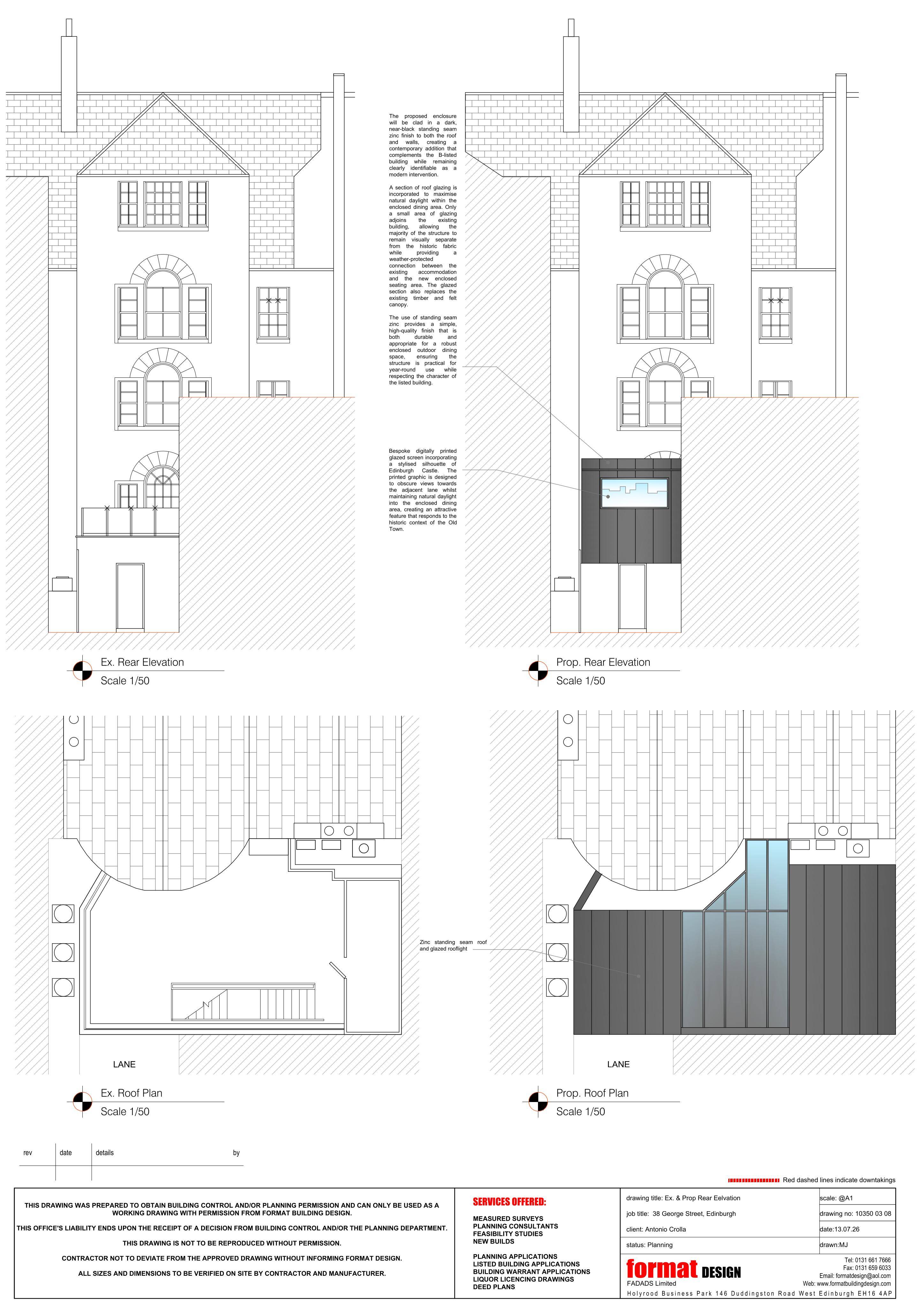 Planning document preview for application 26/02963/FUL, at 38 George Street New Town Edinburgh EH2 2LE, showing 06 - EXISTING AND PROPOSED ROOF PLAN AND REAR ELEVATION, page 1