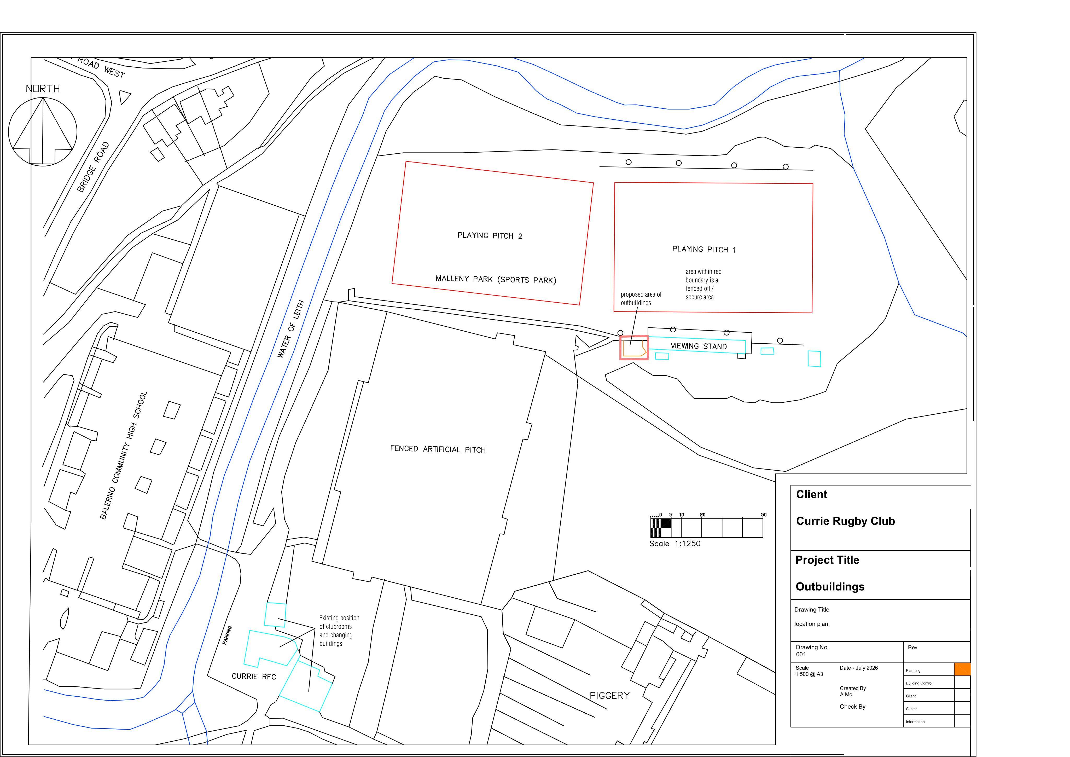 Planning document preview for application 26/03258/FUL, at Currie Rugby Football Club 5 Malleny Balerno EH14 7AF, showing (01) LOCATION PLAN, page 1