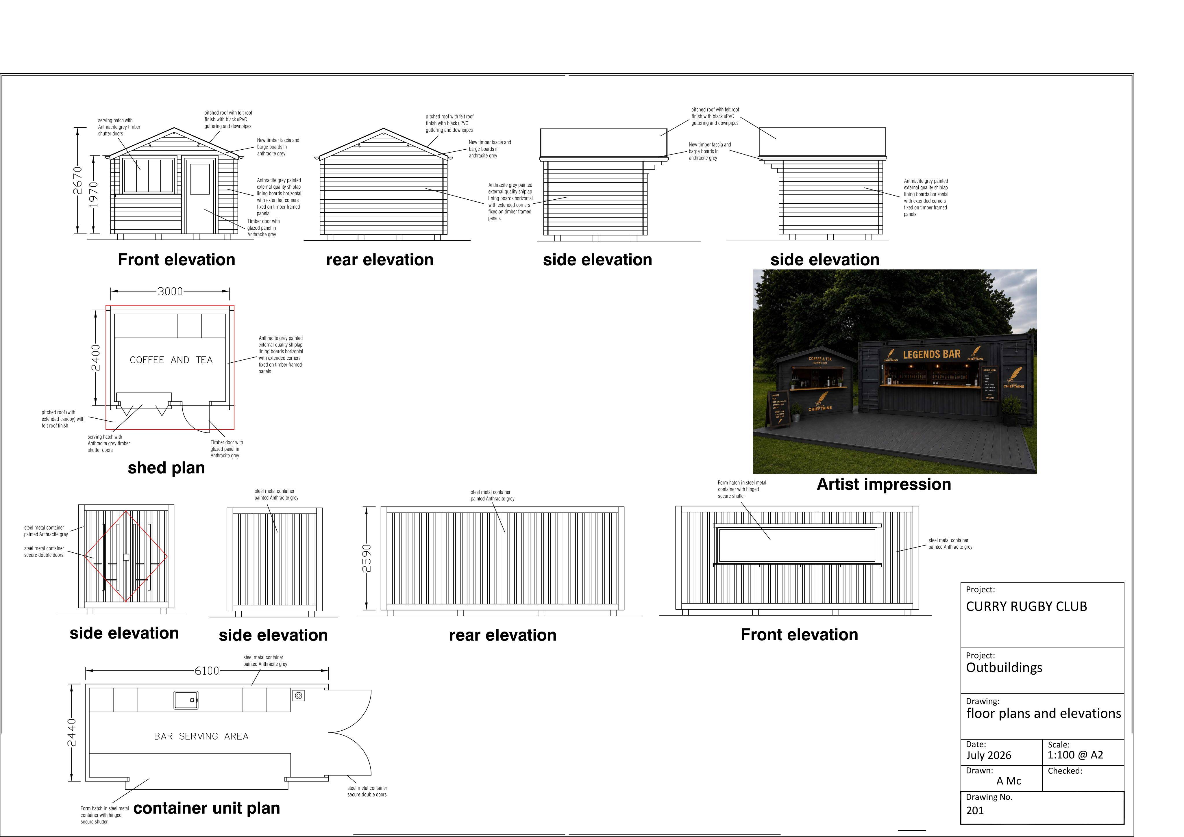 Planning document preview for application 26/03258/FUL, at Currie Rugby Football Club 5 Malleny Balerno EH14 7AF, showing (03) PROPOSED FLOOR PLAN AND ELEVATIONS, page 1