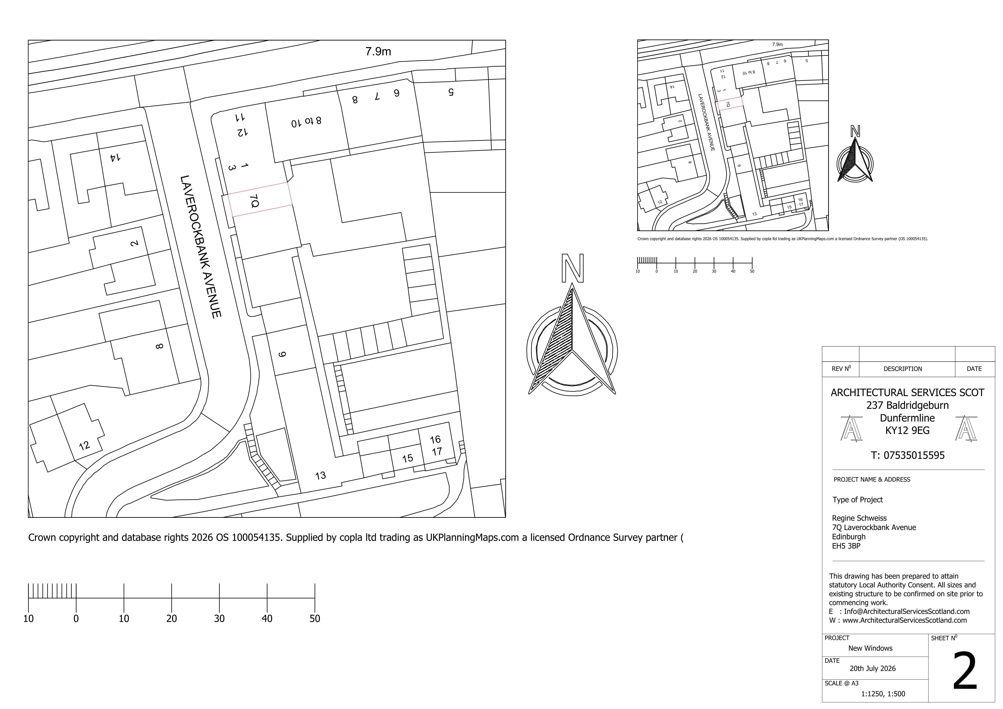 Planning document preview for application 26/03274/LBC, at 7Q Laverockbank Avenue Edinburgh EH5 3BP, showing (01) LOCATION PLAN, page 1