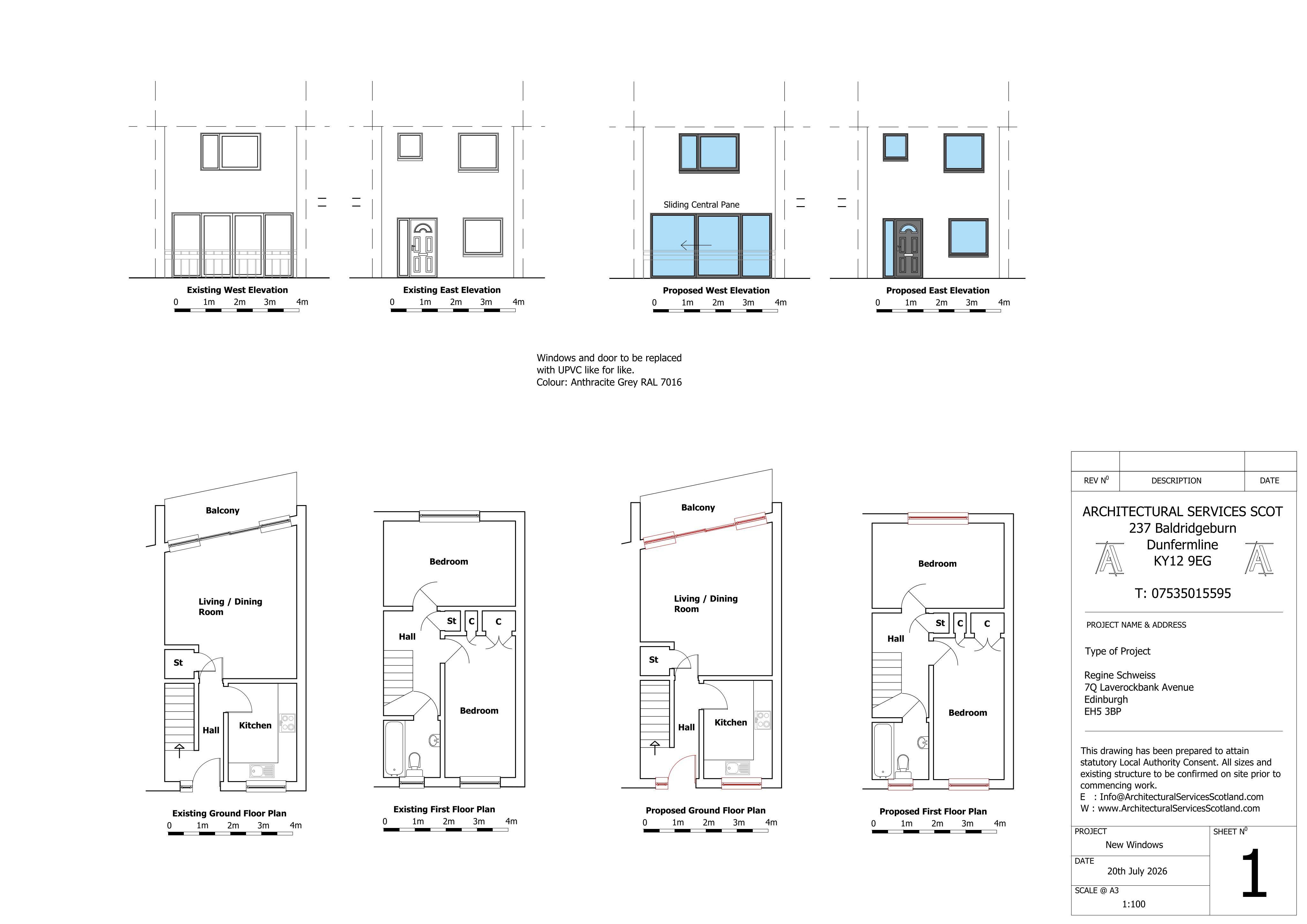Planning document preview for application 26/03274/LBC, at 7Q Laverockbank Avenue Edinburgh EH5 3BP, showing (02) EXISTING AND PROPOSED, page 1