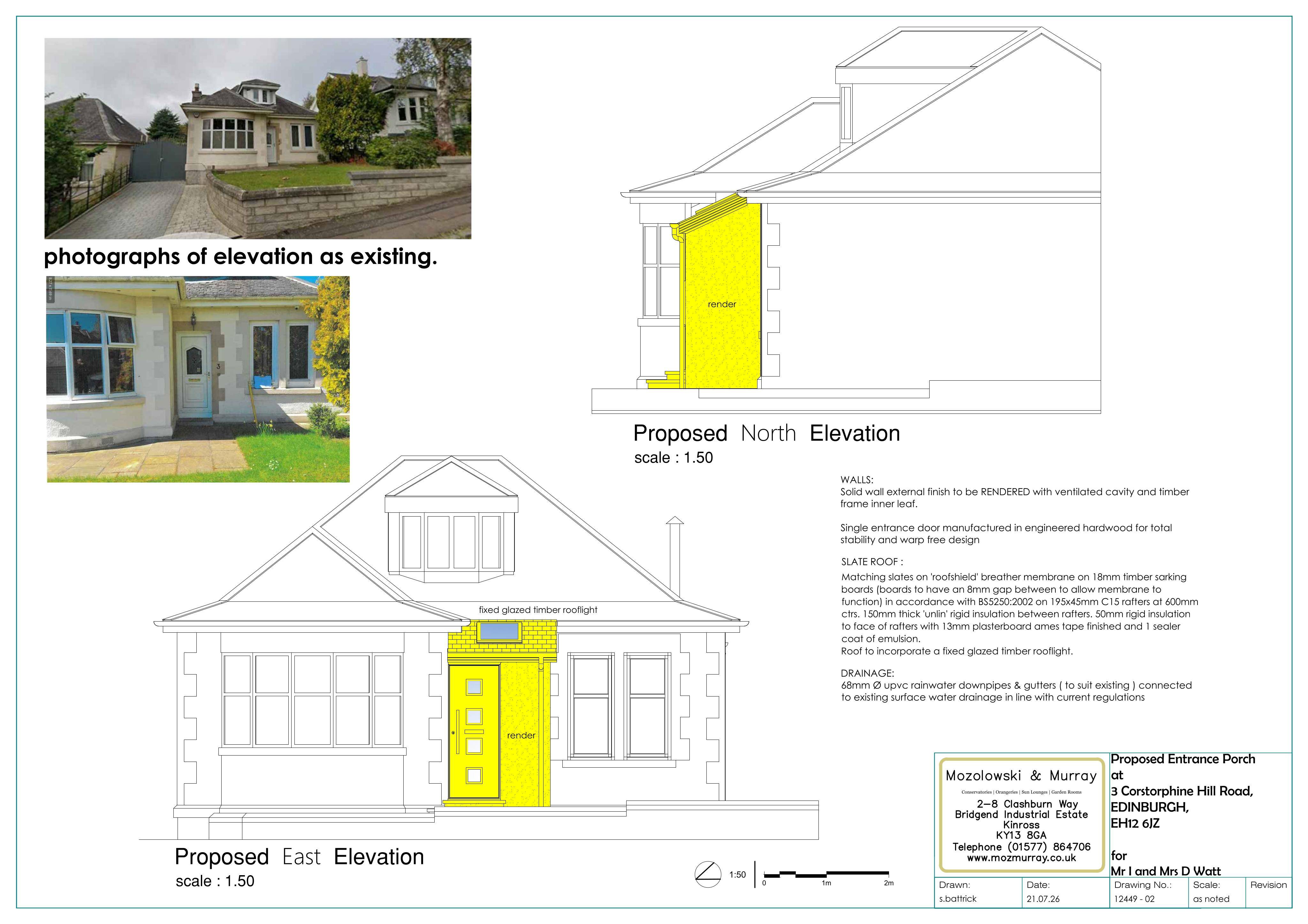Planning document preview for application 26/03424/FUL, at 3 Corstorphine Hill Road Edinburgh EH12 6JZ, showing 04 - PROPOSED EAST + NORTH ELEVATIONS + PHOTOS OF EXISTING, page 1