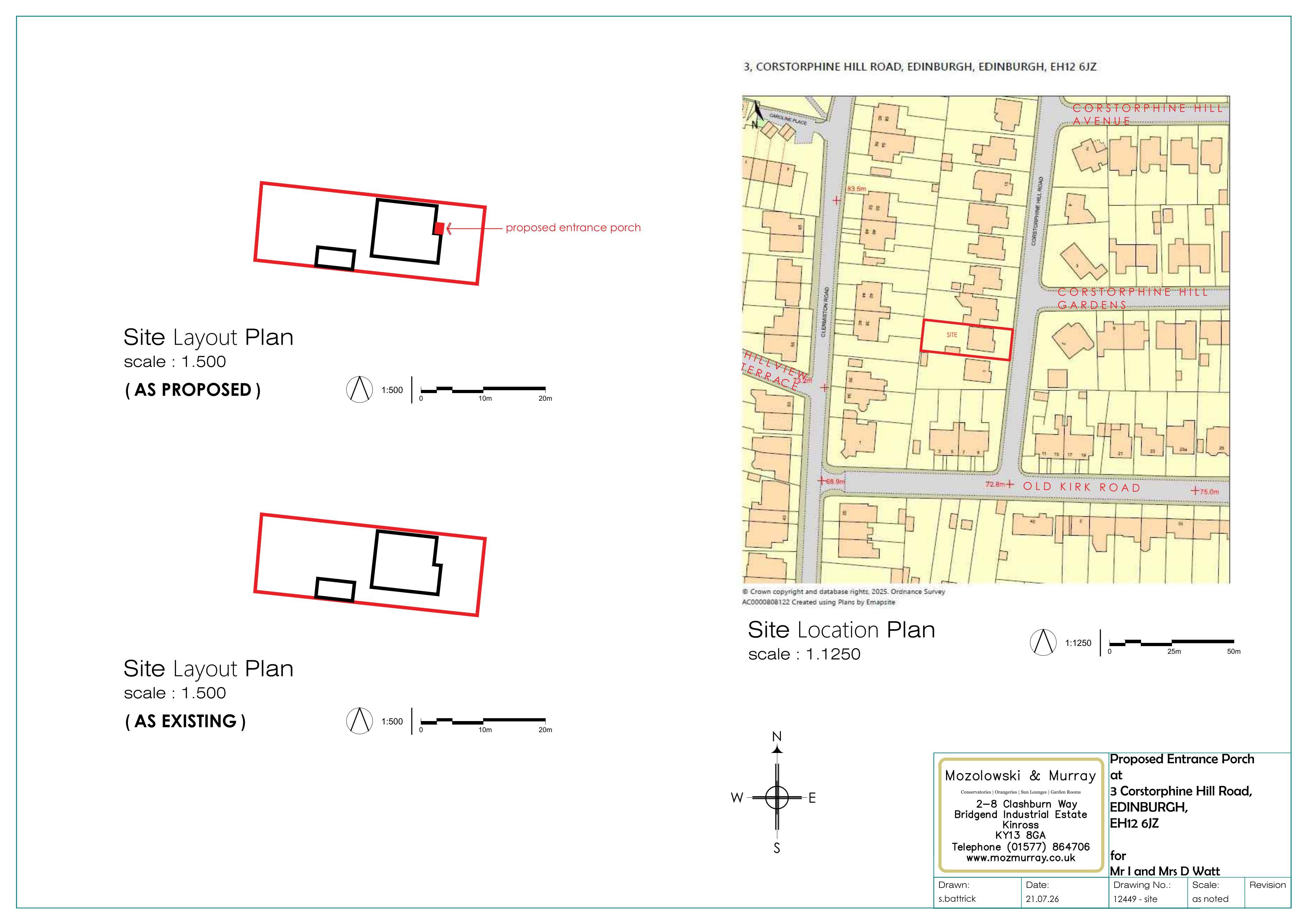 Planning document preview for application 26/03424/FUL, at 3 Corstorphine Hill Road Edinburgh EH12 6JZ, showing 01 - LOCATION PLAN + EXISTING + PROPOSED SITE PLAN, page 1