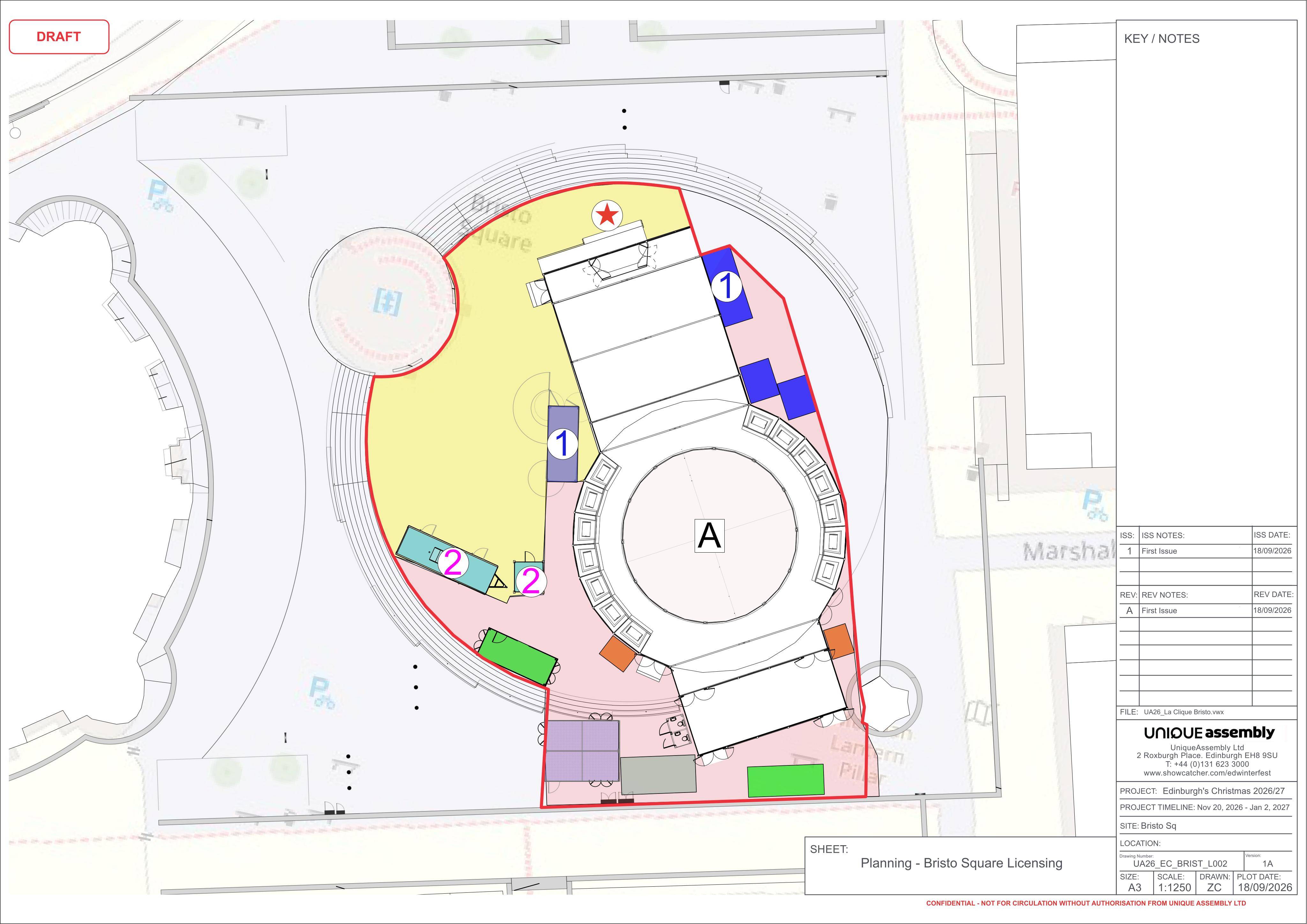 Planning document preview for application 26/03794/FUL, at Proposed Temporary Christmas Festive Site 40 Metres West Of 7 Bristo Square Edinburgh, showing (03) PROPOSED SITE PLAN OF BRISTO SQUARE ACTIVATED SPACE, page 1