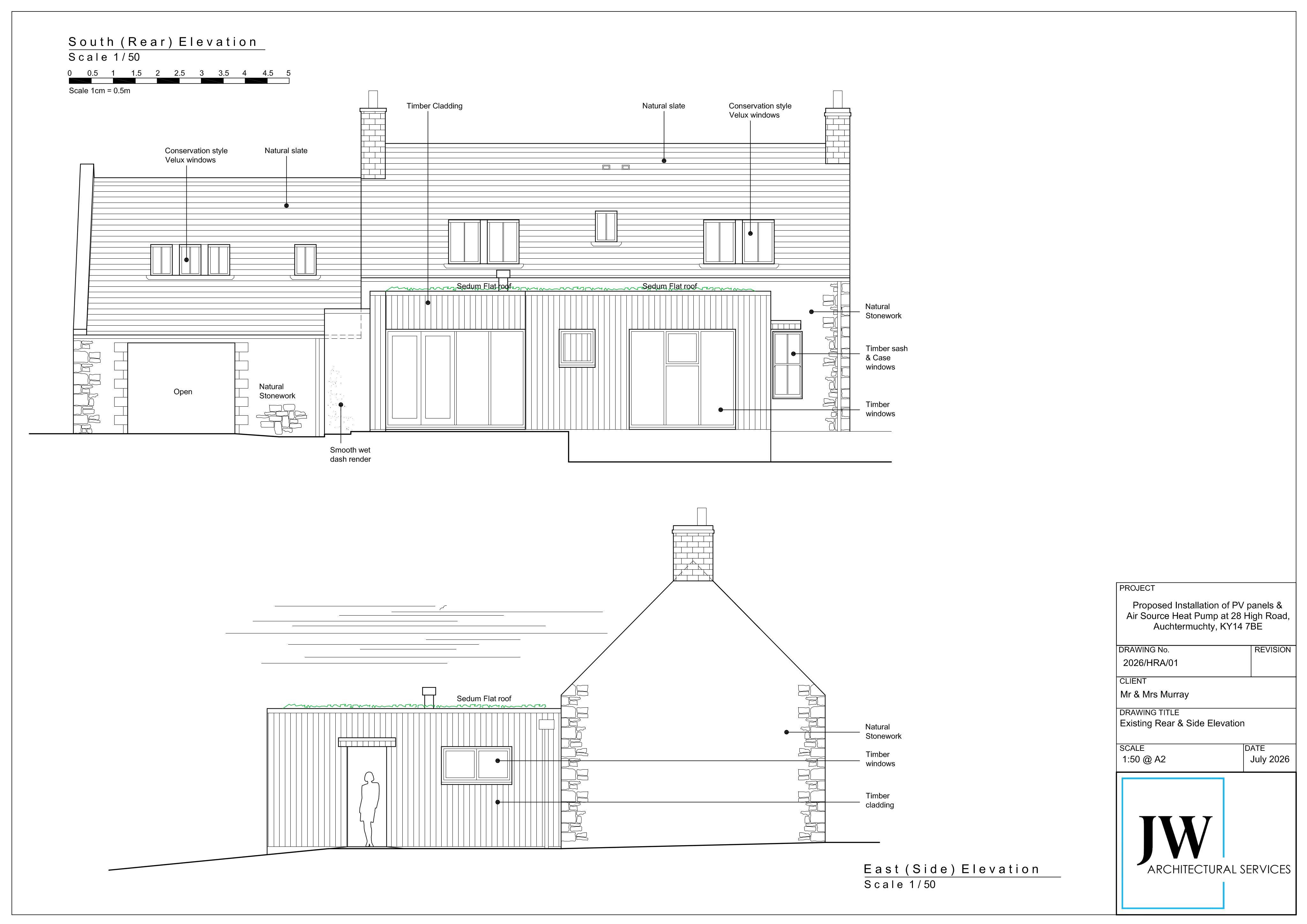 Planning document preview for application 26/02199/LBC, at 28 High Road Auchtermuchty Cupar Fife KY14 7BE, showing 03 - EXISTING ELEVATIONS, page 1