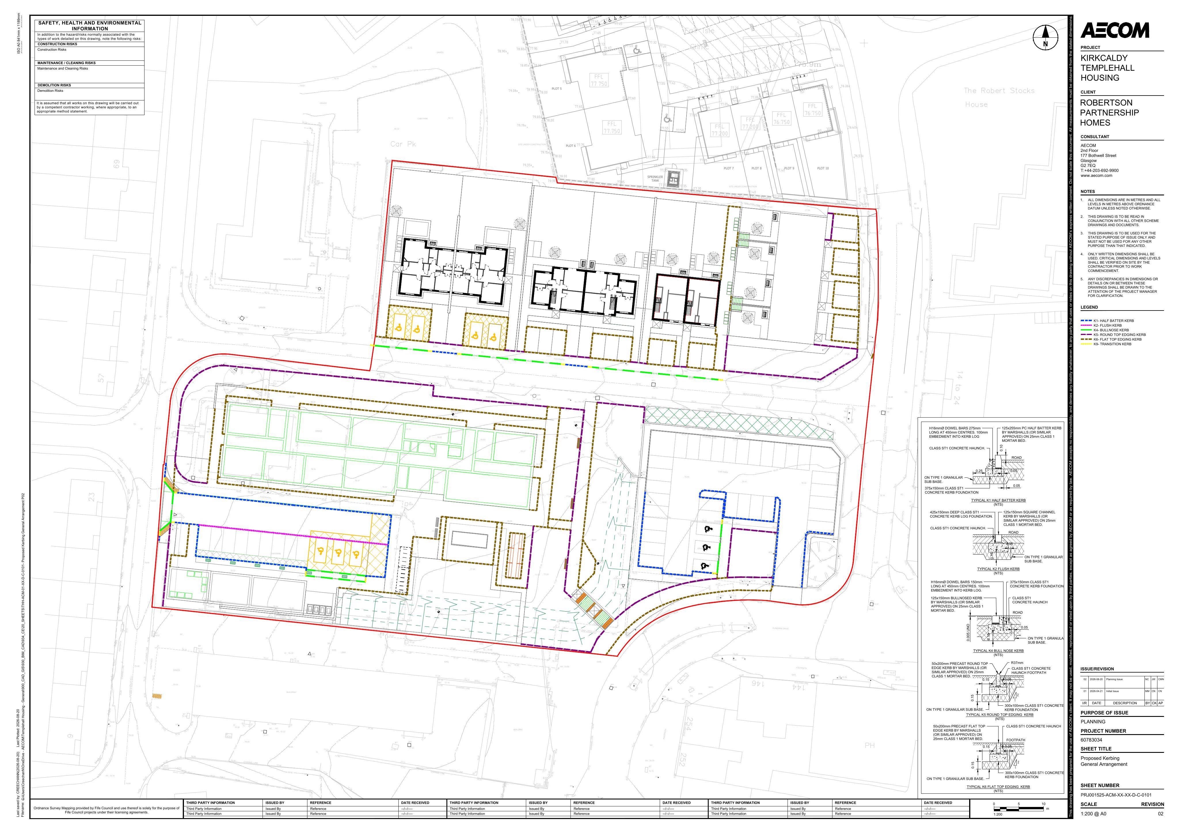 Planning document preview for application 26/02316/FULL, at Templehall Library Beauly Place Kirkcaldy Fife KY2 6EX, showing 28 - PROPOSED KERBING GENERAL ARRANGEMENT, page 1