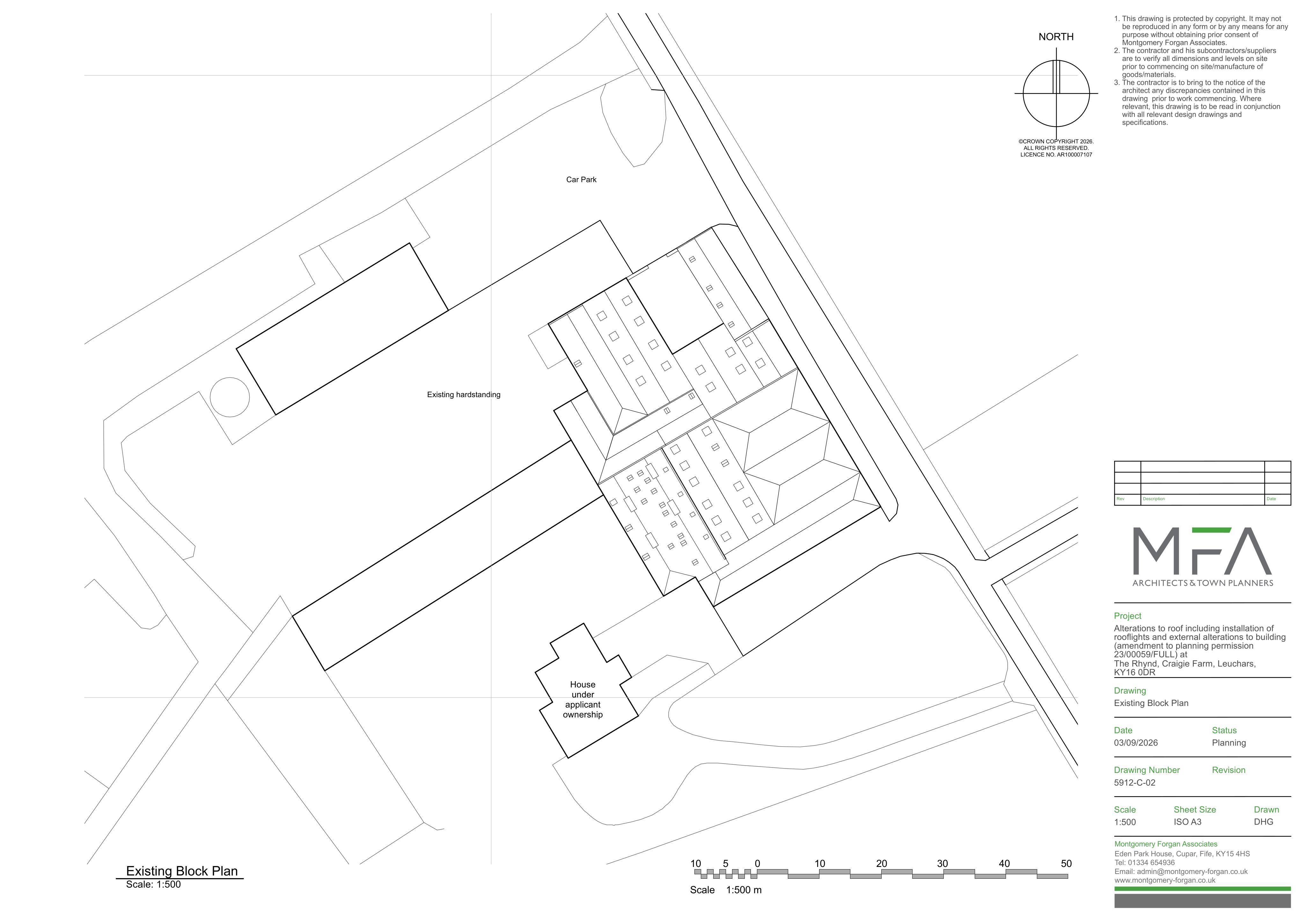 Planning document preview for application 26/02448/FULL, at Rhynd Events Venue Rhynd Farm Tentsmuir Tayport St Andrews Fife KY16 0DR, showing 02 - EXISTING BLOCK PLAN, page 1