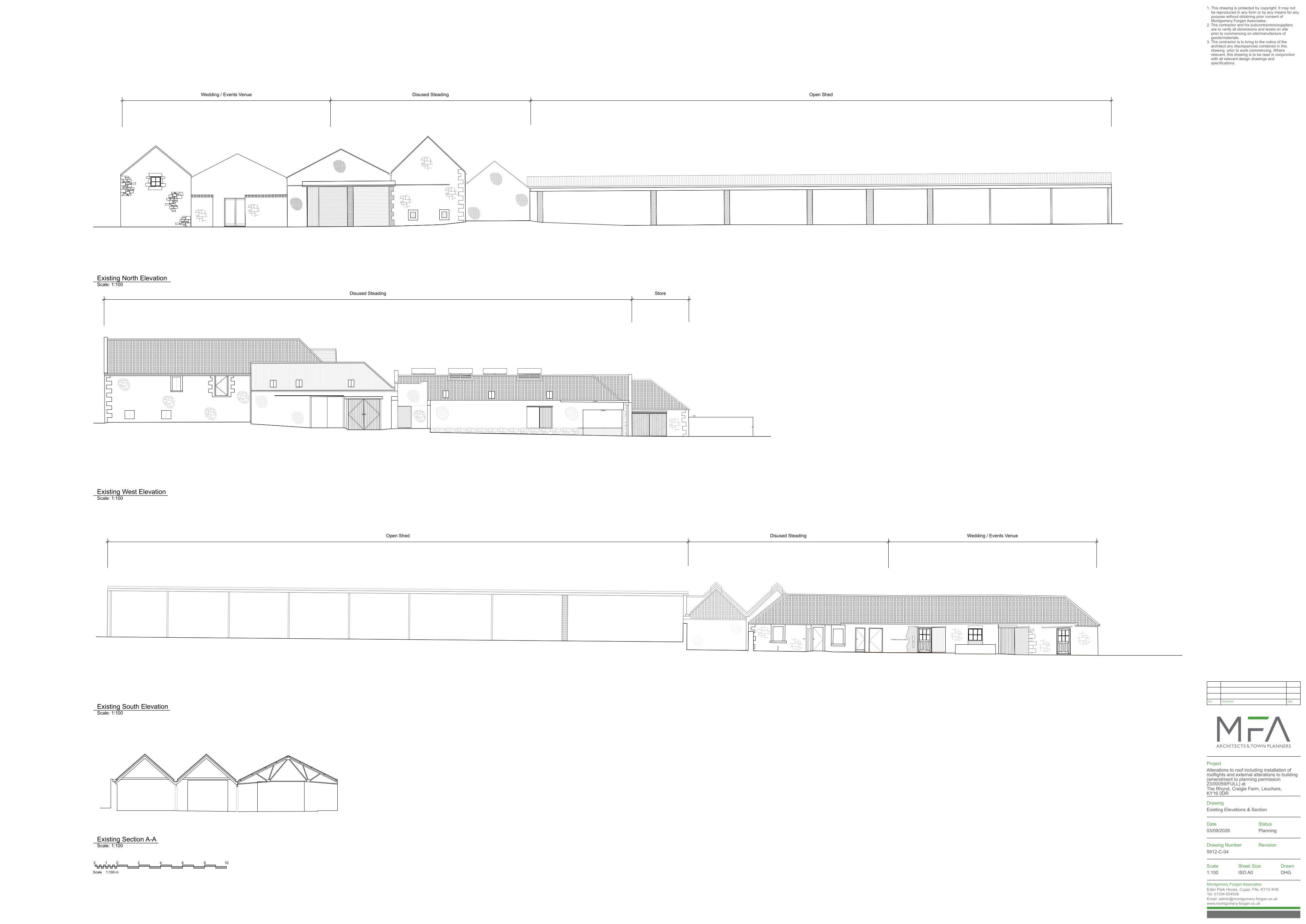 Planning document preview for application 26/02448/FULL, at Rhynd Events Venue Rhynd Farm Tentsmuir Tayport St Andrews Fife KY16 0DR, showing 04 - EXISTING ELEVATIONS AND SECTION, page 1