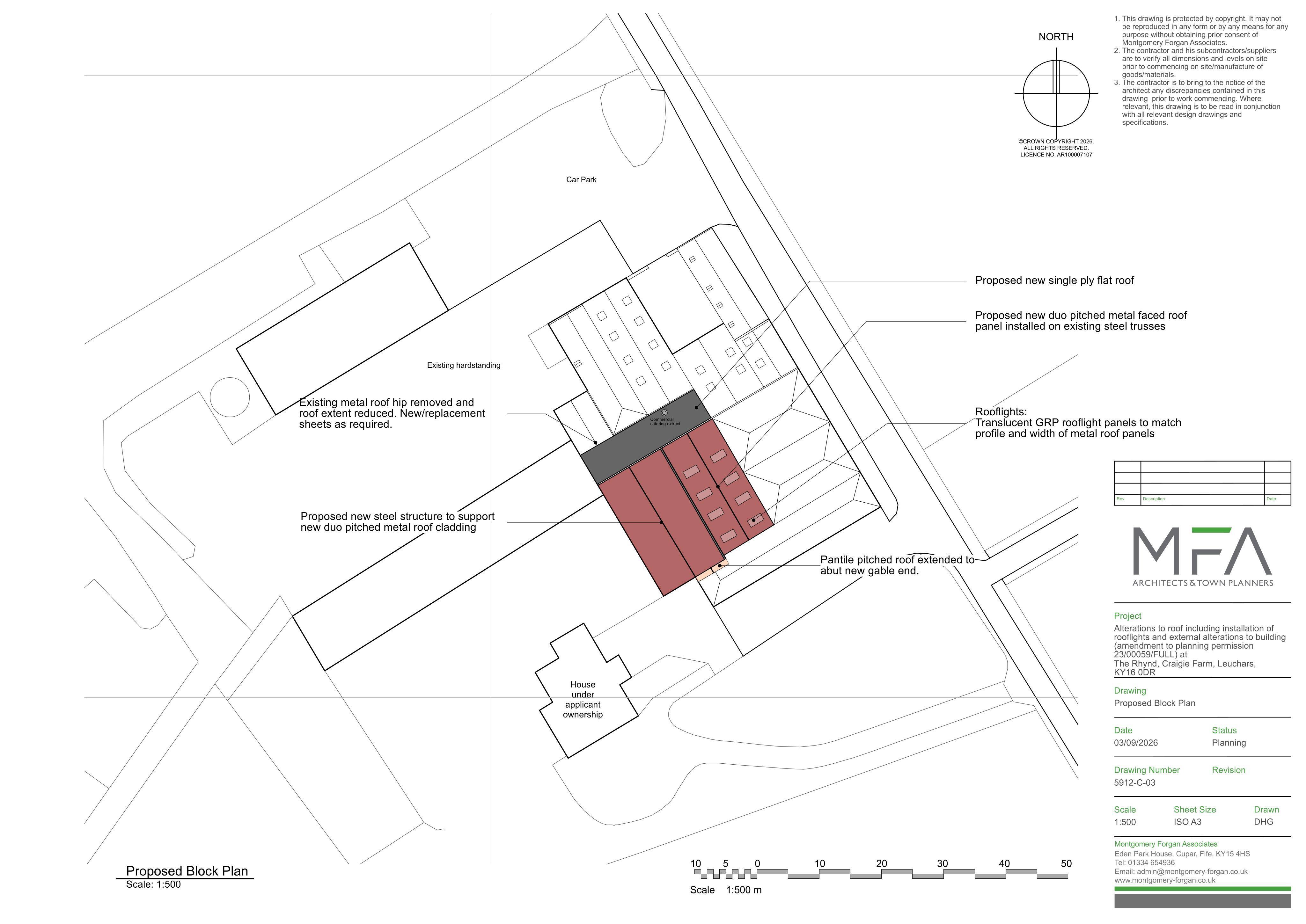 Planning document preview for application 26/02448/FULL, at Rhynd Events Venue Rhynd Farm Tentsmuir Tayport St Andrews Fife KY16 0DR, showing 03 - PROPOSED BLOCK PLAN, page 1