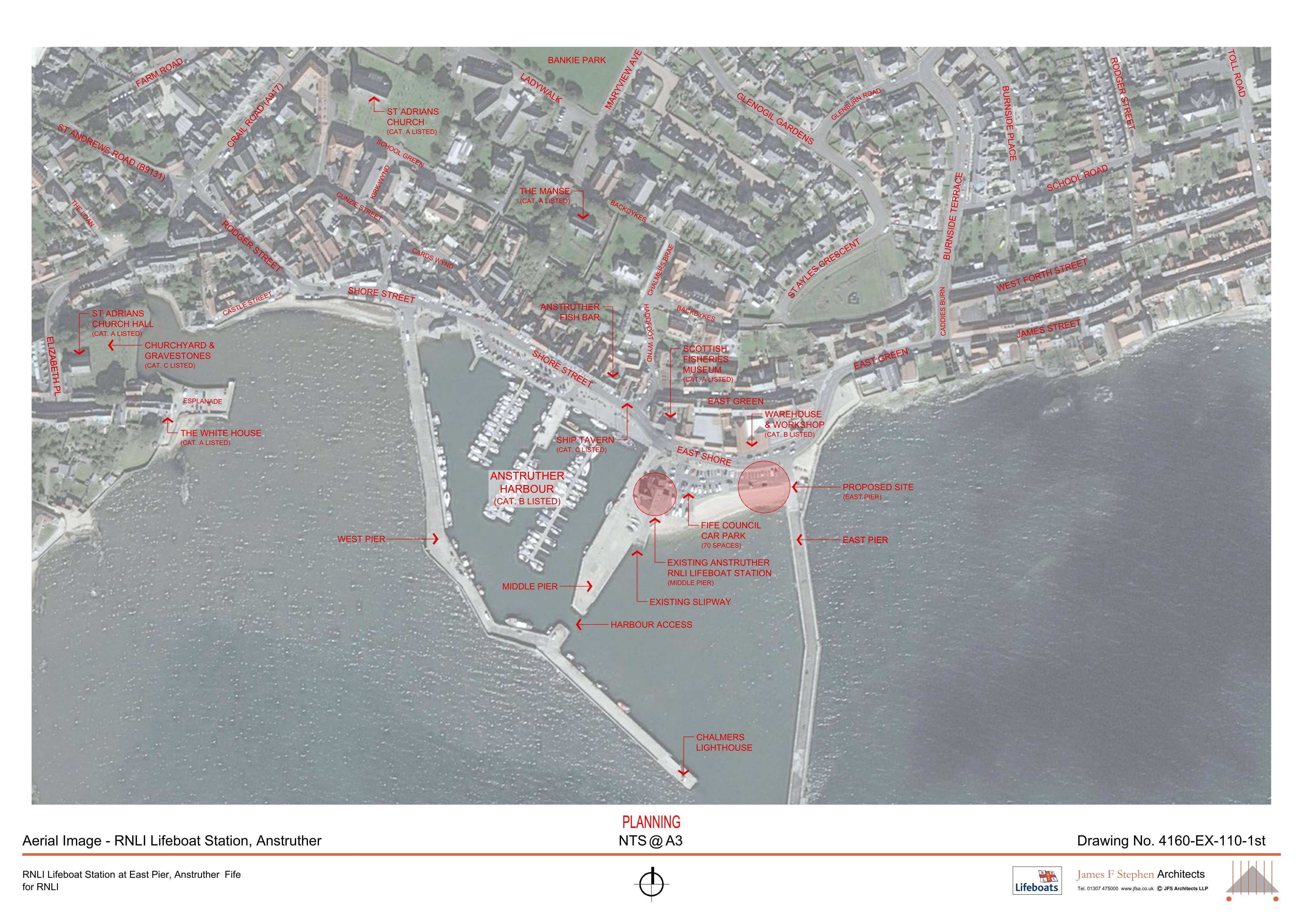 Planning document preview for application 26/02480/CAC, at RNLI Anstruther Lifeboat Station Anstruther Harbour East Shore Anstruther Fife KY10 3AB, showing 05 - AERIAL IMAGE, page 1
