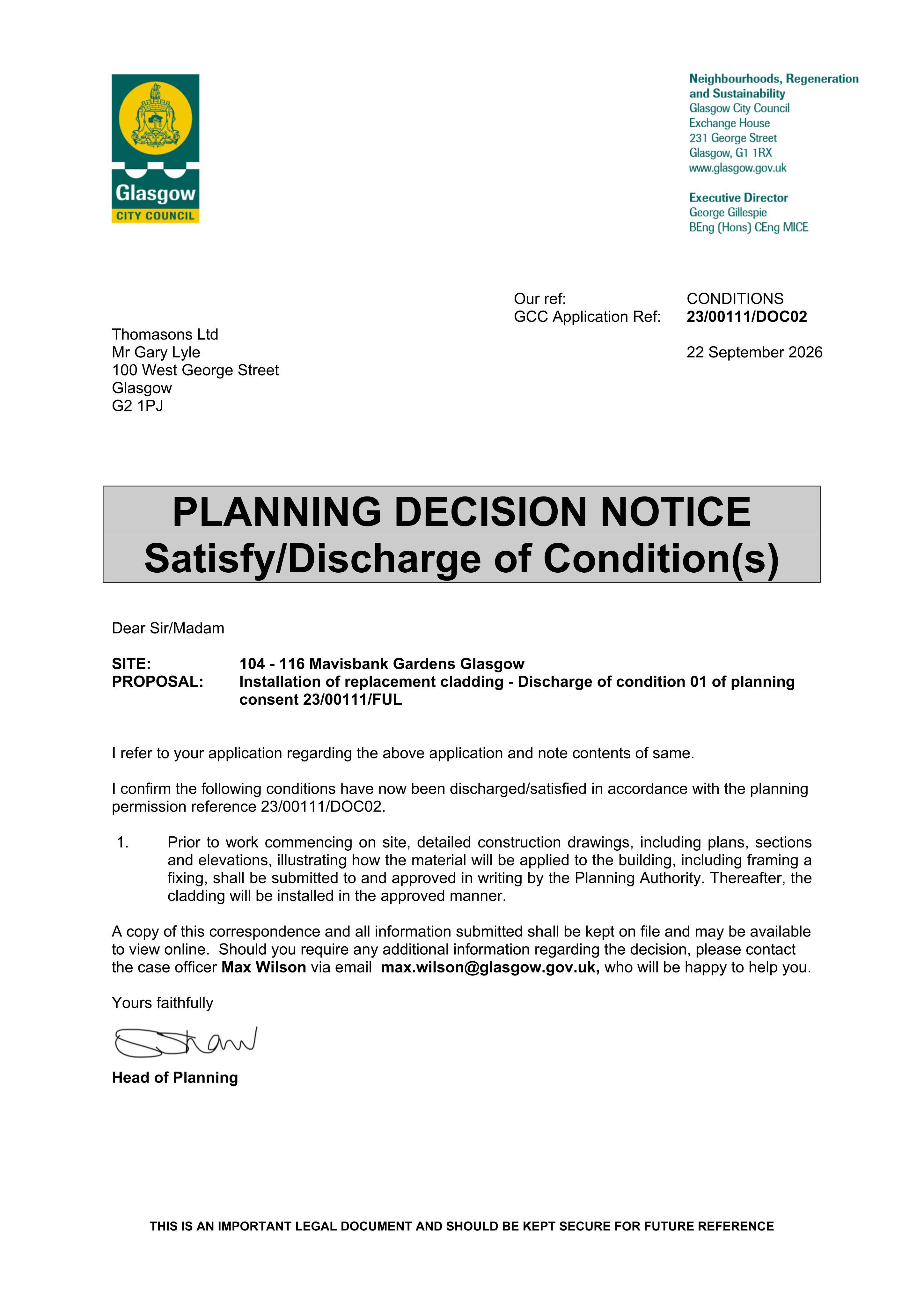 Planning document preview for application 23/00111/DOC02, at 104 - 116 Mavisbank Gardens Glasgow, showing preview, page 1