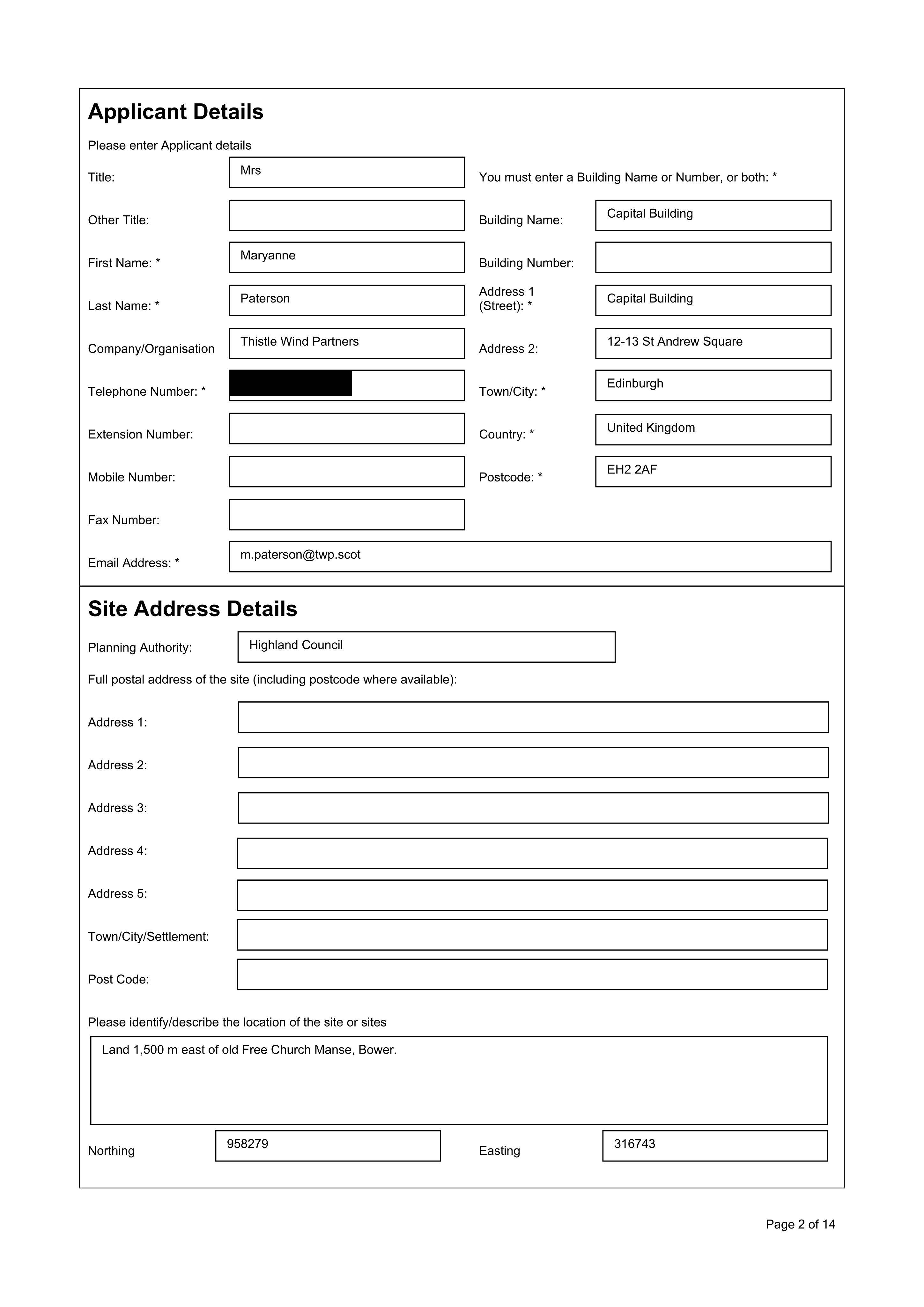 Planning document preview for application 25/02964/PIP, at Land 1500M East Of Old Free Church Manse Bower, showing APPLICATION FORM, page 2