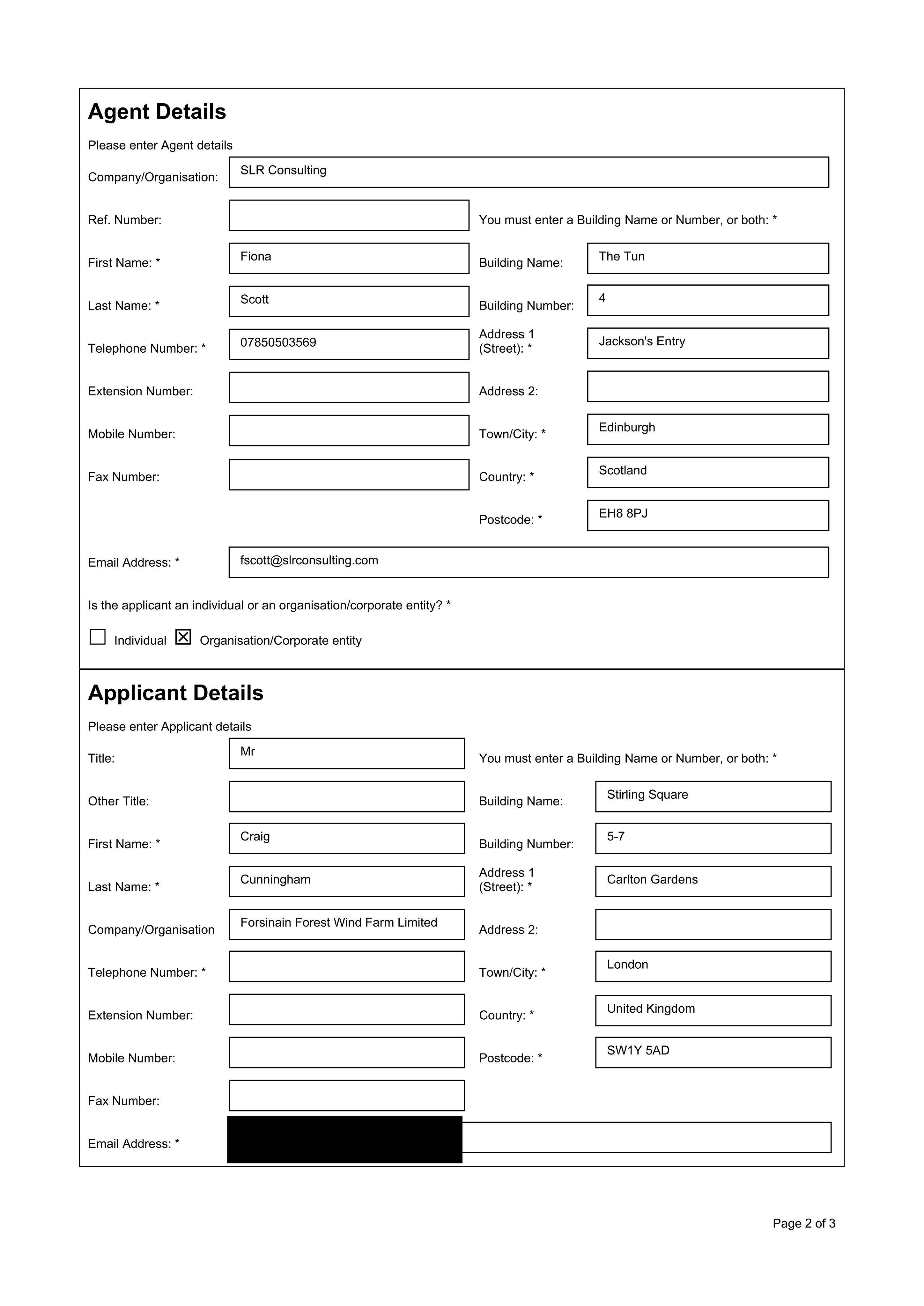 Planning document preview for application 26/03769/S36, at Land 2400M SE Of Forsinain Forsinard, showing PSAD APPLICATION FORM, page 2