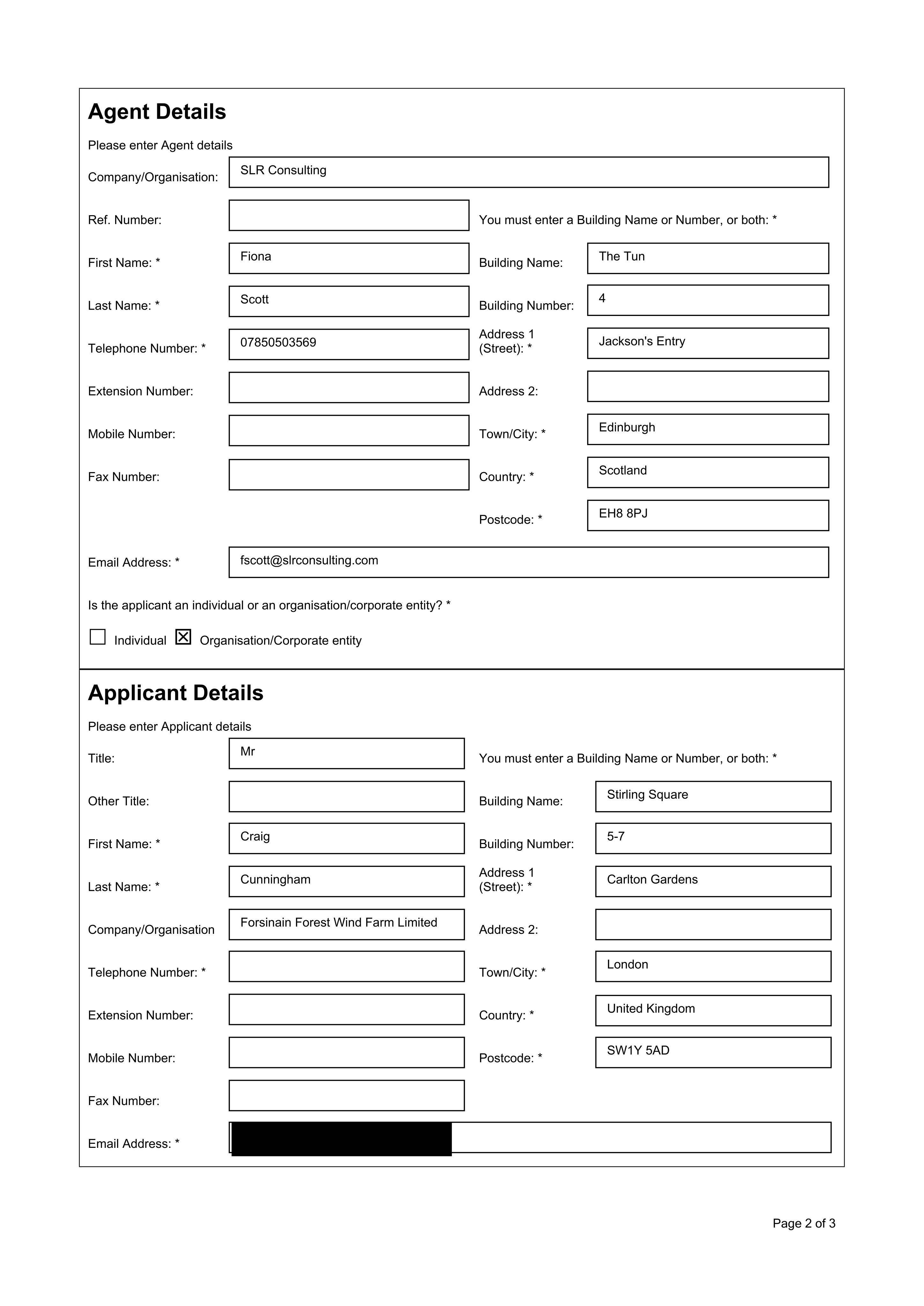 Planning document preview for application 26/03769/S36, at Land 2400M SE Of Forsinain Forsinard, showing PSAD APPLICATION FORM, page 2