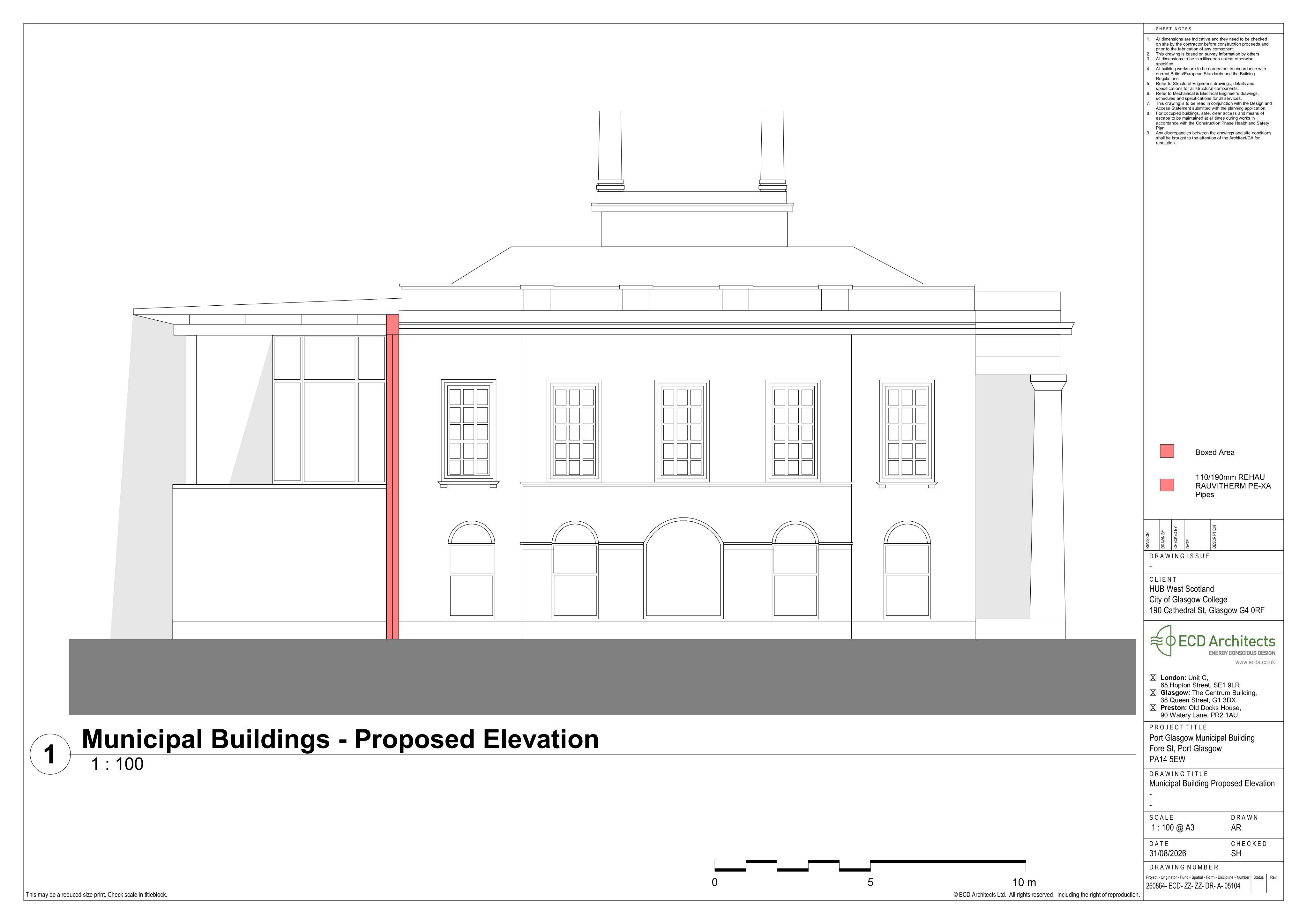 Planning document preview for application 26/0017/LB, at Port Glasgow Library 12 Fore Street Port Glasgow PA14 5EQ, showing Proposed Elevations, page 1