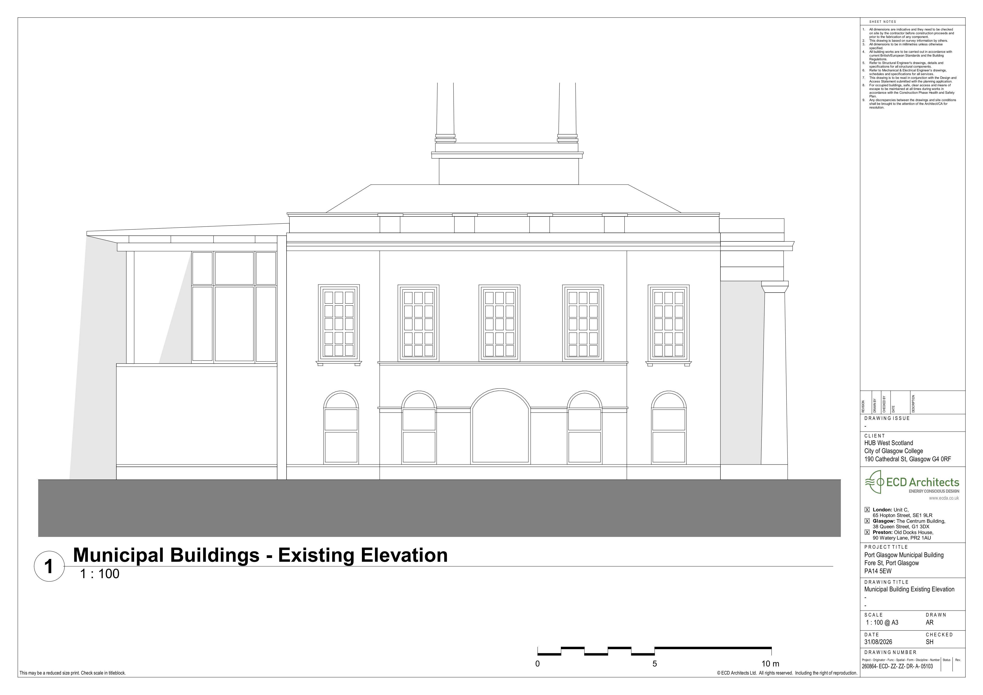Planning document preview for application 26/0017/LB, at Port Glasgow Library 12 Fore Street Port Glasgow PA14 5EQ, showing Existing Elevations, page 1