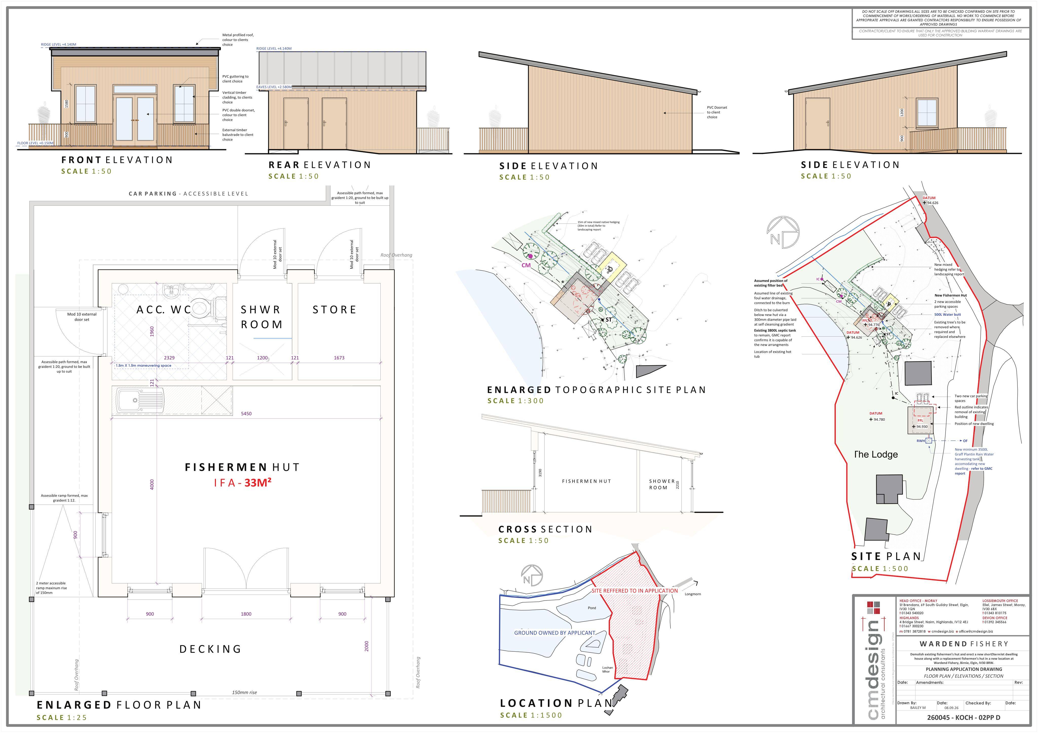 Planning document preview for application 26/01161/APP, at Wardend Fishery Birnie Elgin Moray IV30 8RW, showing FISHERMEN HUT - ELEVATION FLOOR AND SITE PLAN, page 1