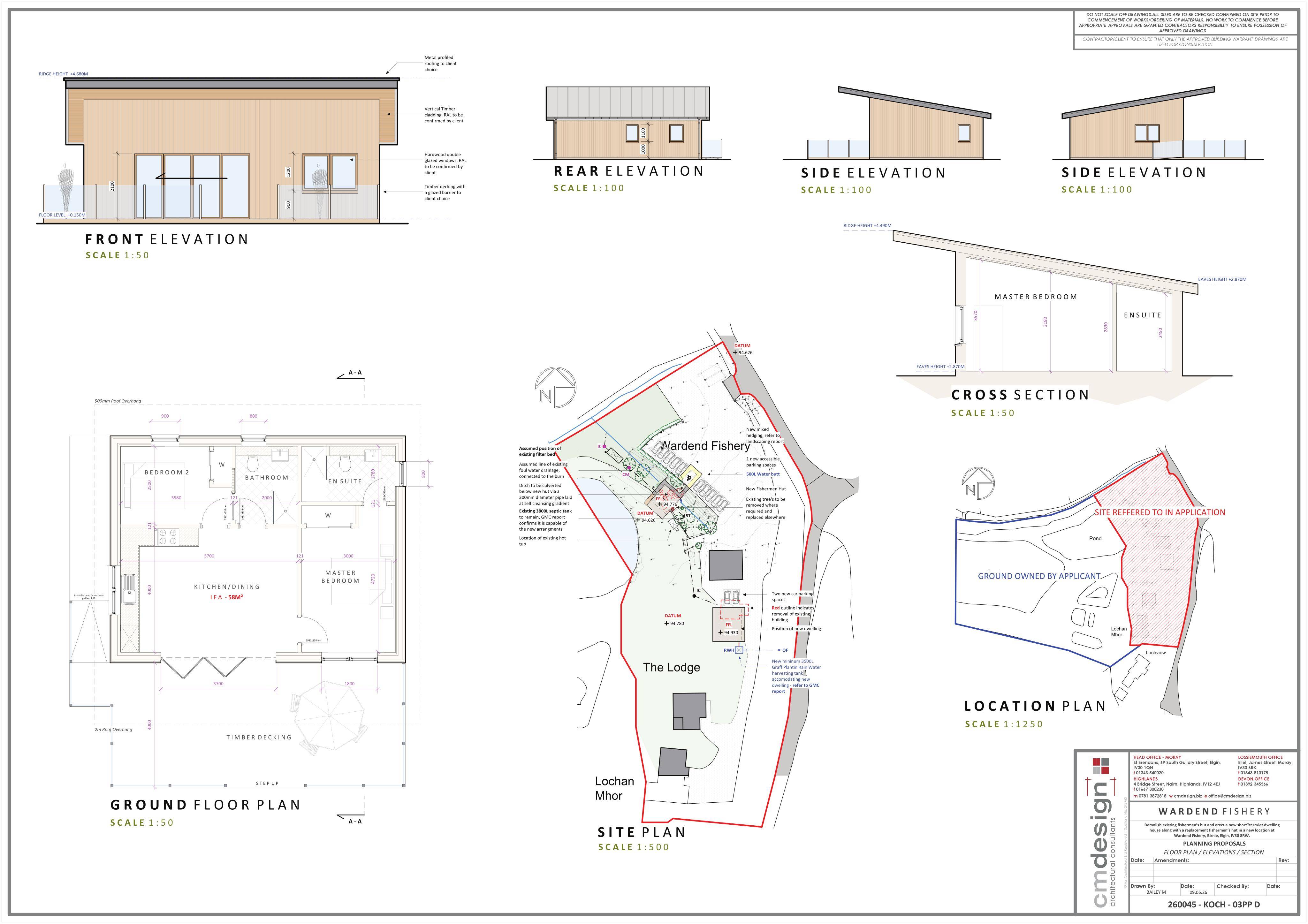 Planning document preview for application 26/01161/APP, at Wardend Fishery Birnie Elgin Moray IV30 8RW, showing NEW DWELLING - ELEVATION FLOOR AND SITE PLAN, page 1
