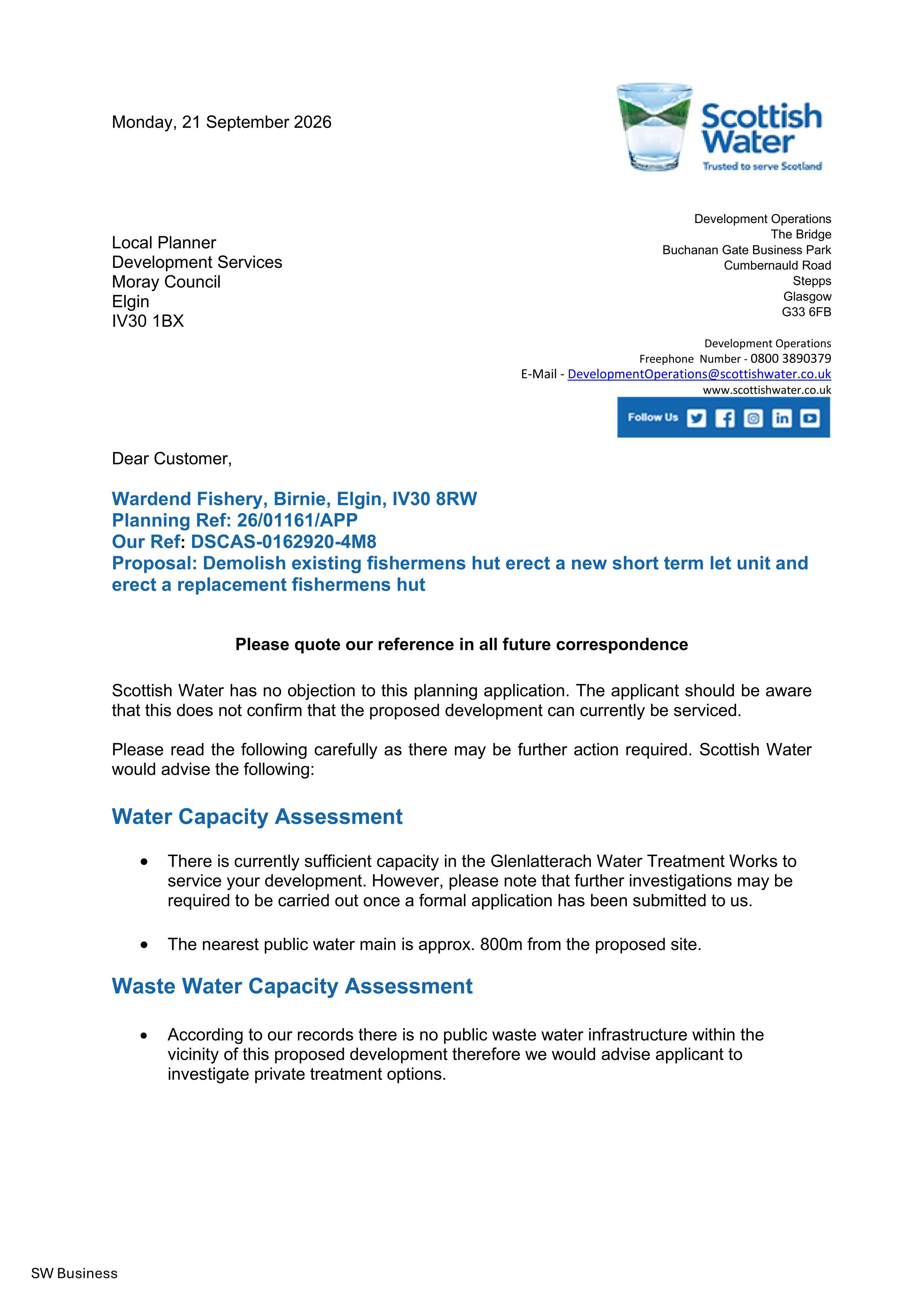 Planning document preview for application 26/01161/APP, at Wardend Fishery Birnie Elgin Moray IV30 8RW, showing SCOTTISH WATER, page 1