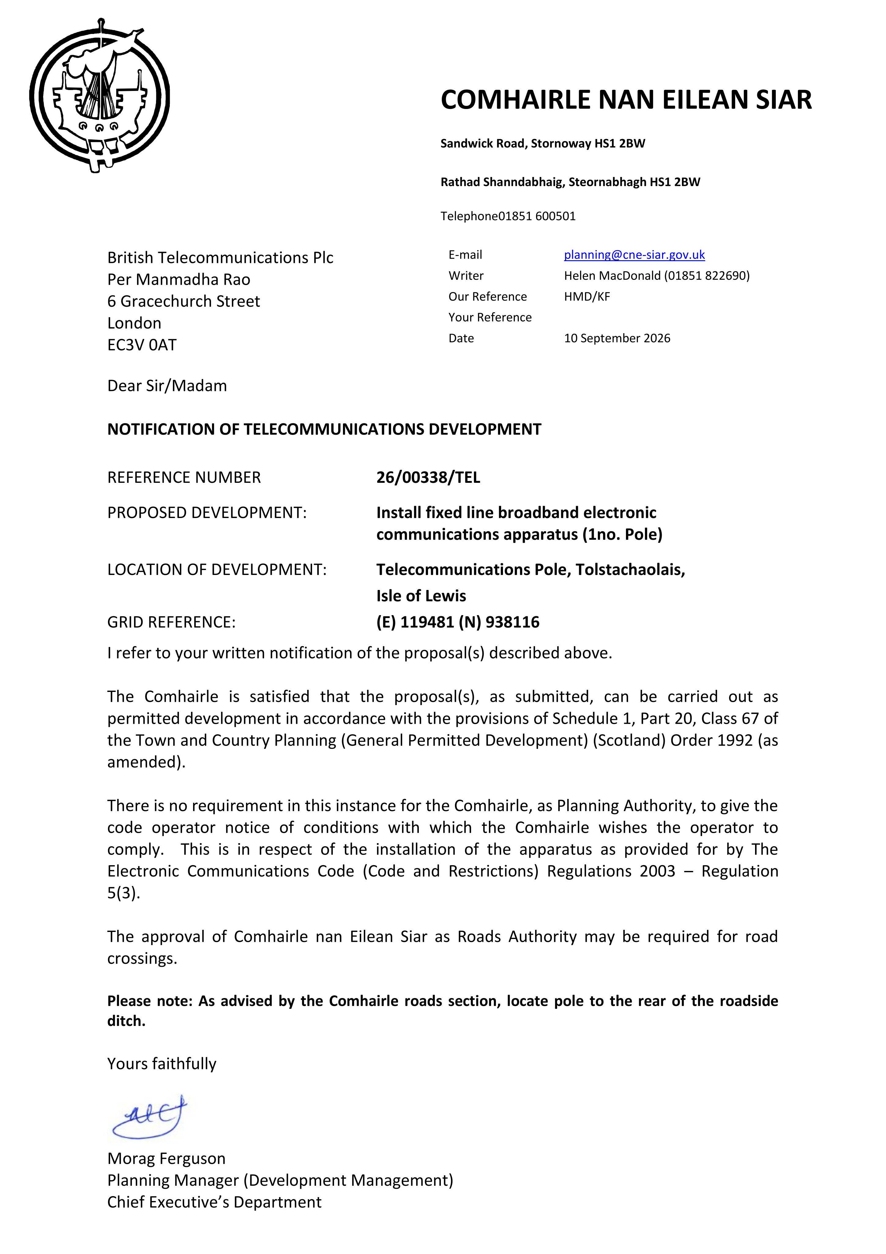 Planning document preview for application 26/00338/TEL, at Telecommunications Pole Tolstachaolais Isle Of Lewis, showing DECISION LETTER, page 1