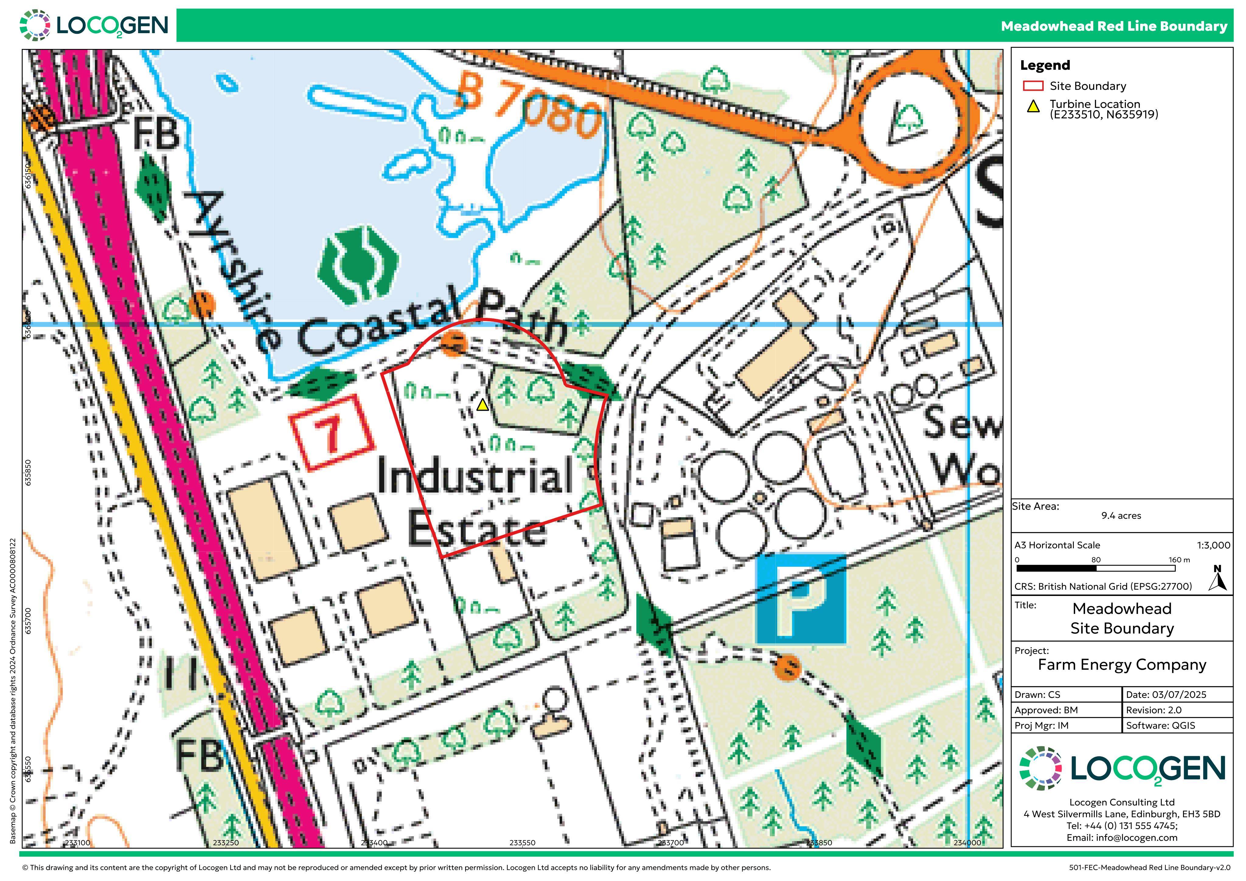 Planning document preview for application 25/00334/PP, at Site To North Of 1 Dunlop Place Meadowhead Industrial Estate Irvine North Ayrshire, showing Location plan 1:3,000, page 1