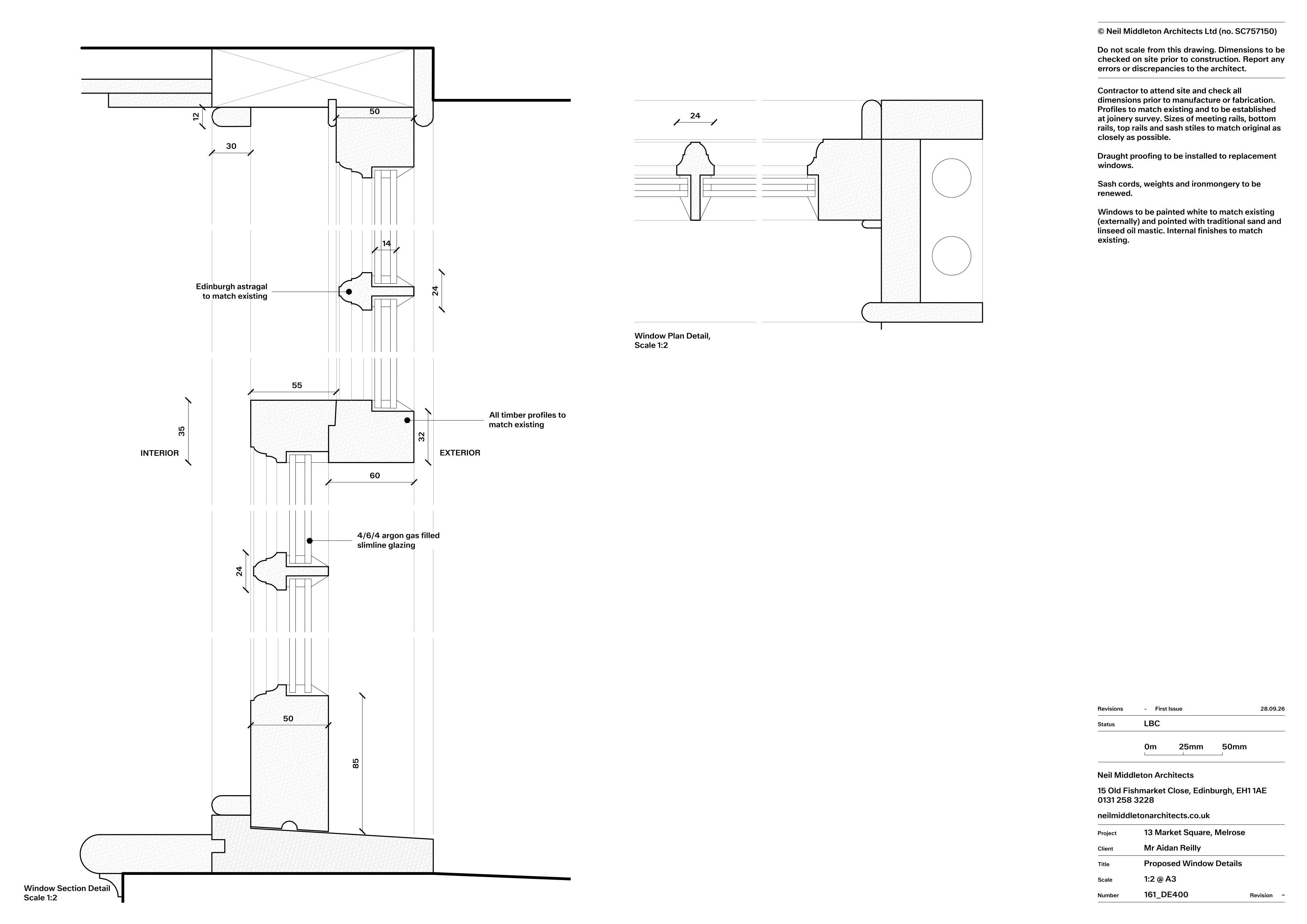 Planning document preview for application 26/01459/LBC, at Bank House 13 Market Square Melrose Scottish Borders TD6 9PQ, showing PROPOSED WINDOW DETAILS, page 1