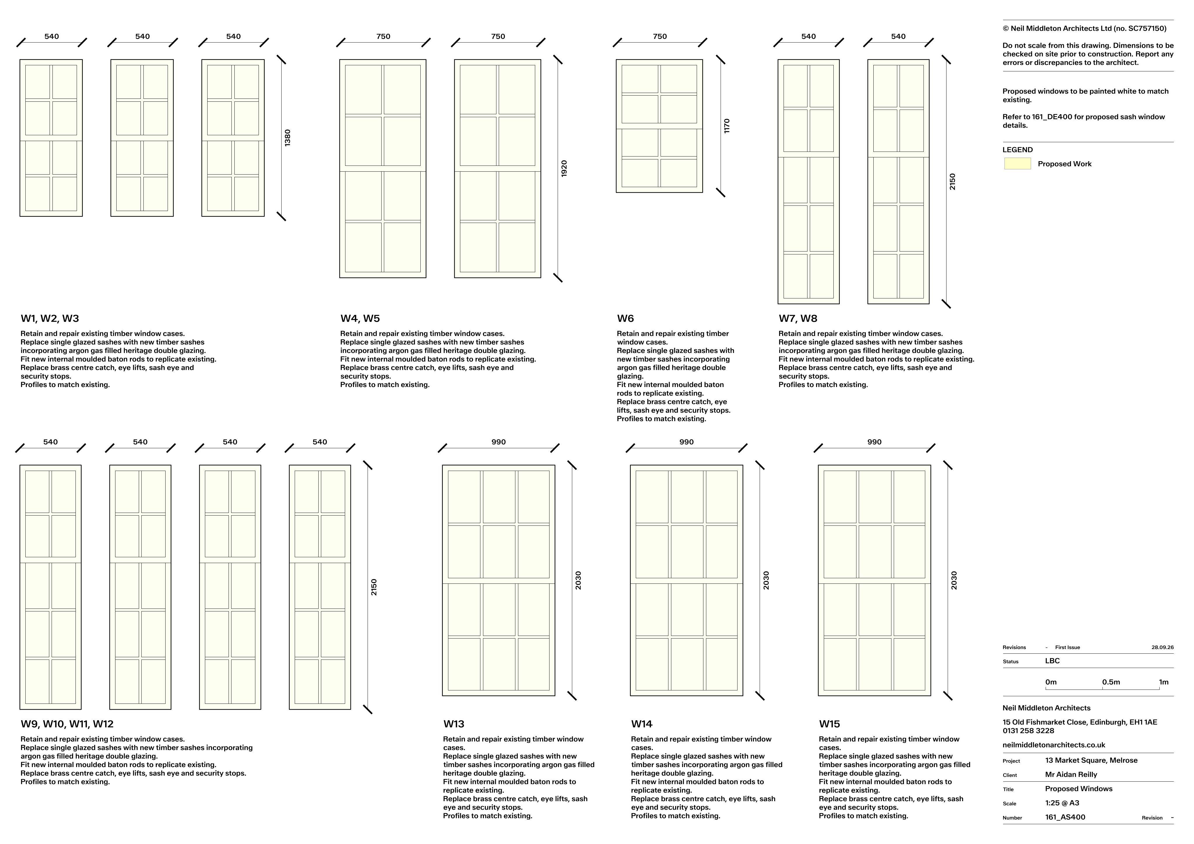 Planning document preview for application 26/01459/LBC, at Bank House 13 Market Square Melrose Scottish Borders TD6 9PQ, showing PROPOSED WINDOWS, page 1