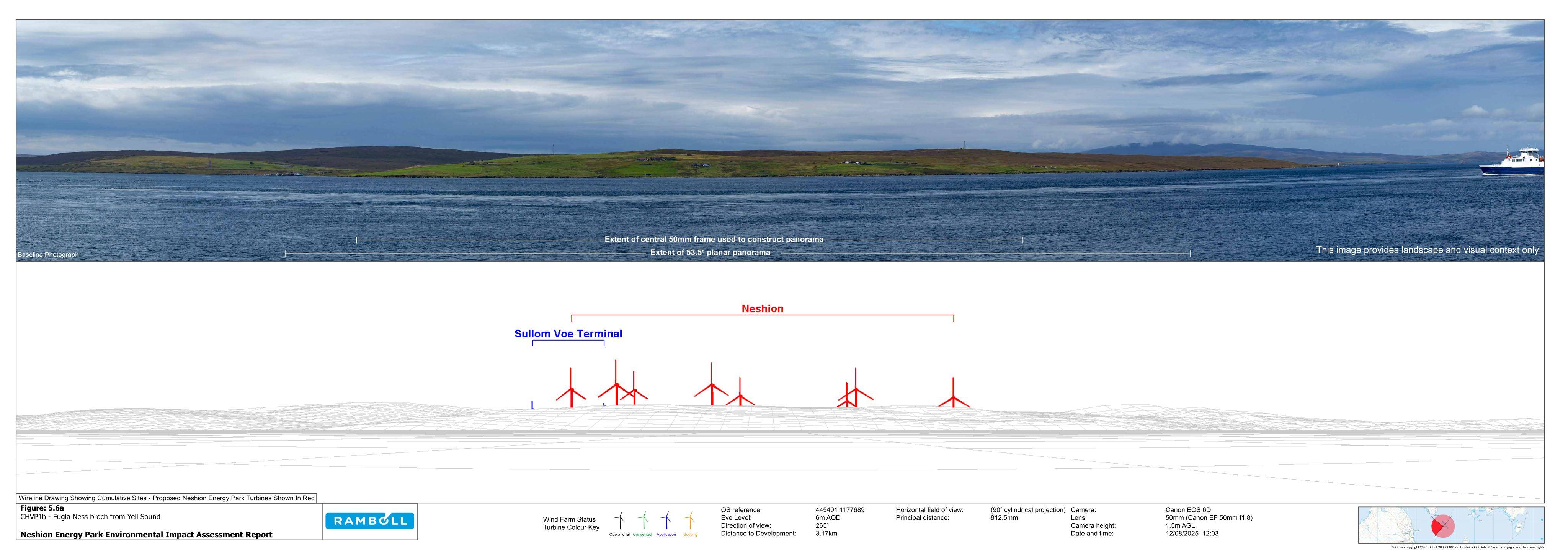 Planning document preview for application 2026/162/ECUCON, at Neshion Energy Park Land To East Of Sullom Voe Oil Terminal Mossbank Shetland, showing EIAR VOLUME 3B - VISUALISATIONS - FIGURE 5.6 (A-F) CULTURAL HERITAGE VP1B FUGLA, page 1