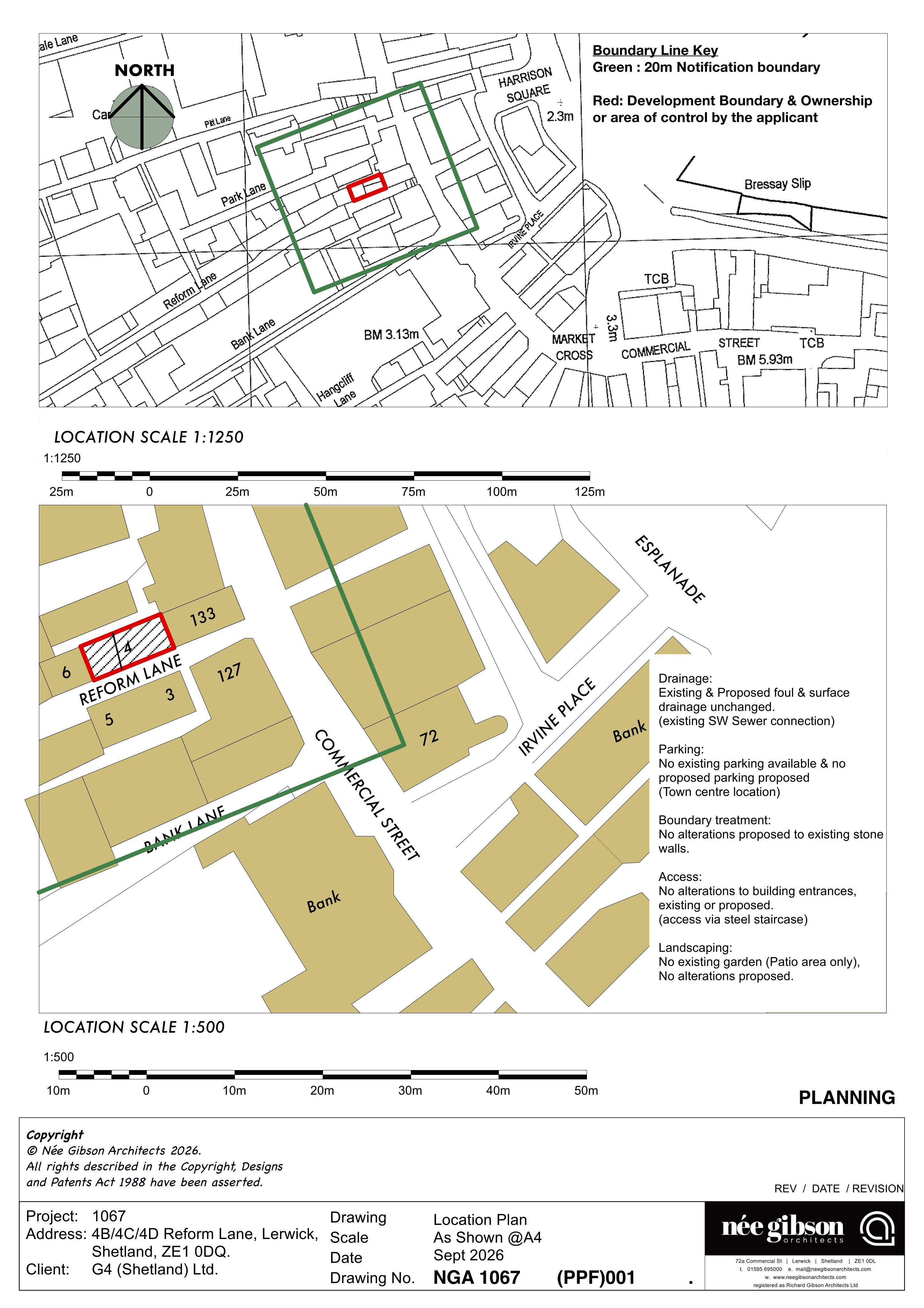 Planning document preview for application 2026/200/PPF, at 4B Reform Lane Lerwick Shetland ZE1 0DQ, showing A LOCATION PLAN, page 1