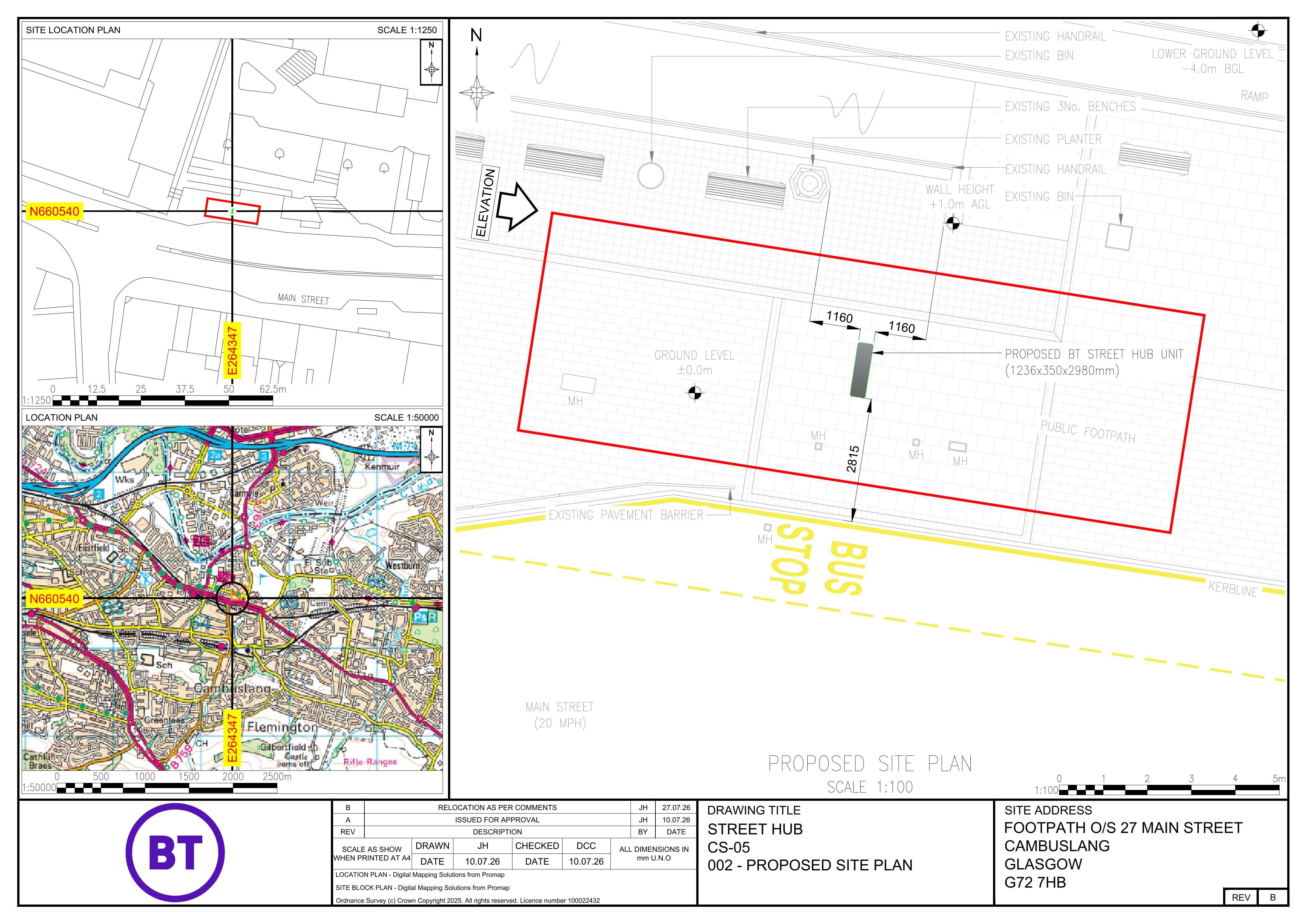 Planning document preview for application P/26/0978, at Footpath Outside 27 Main Street Cambuslang G72 7HB, showing Proposed site plan, page 1