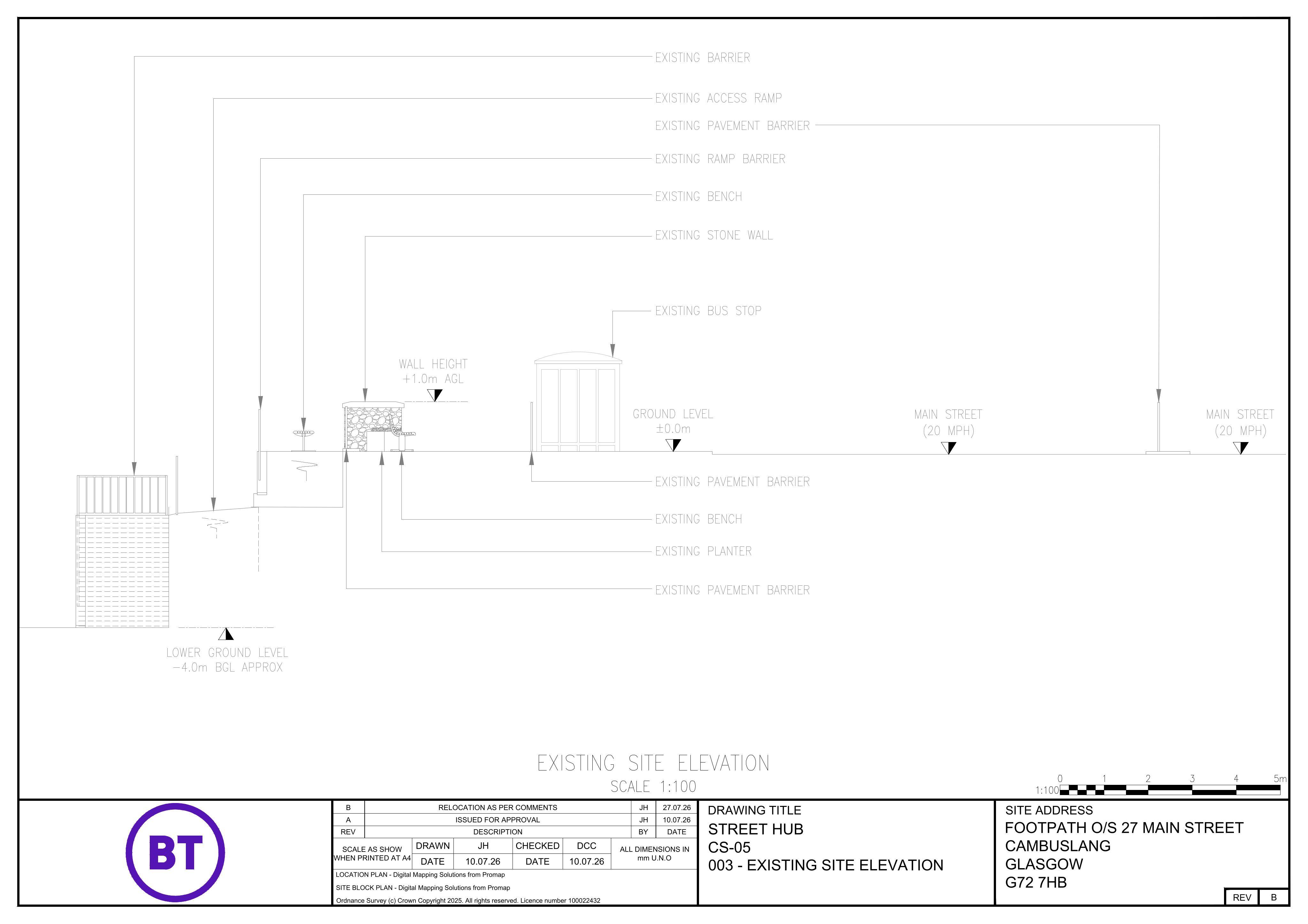 Planning document preview for application P/26/0978, at Footpath Outside 27 Main Street Cambuslang G72 7HB, showing Existing site elevation, page 1