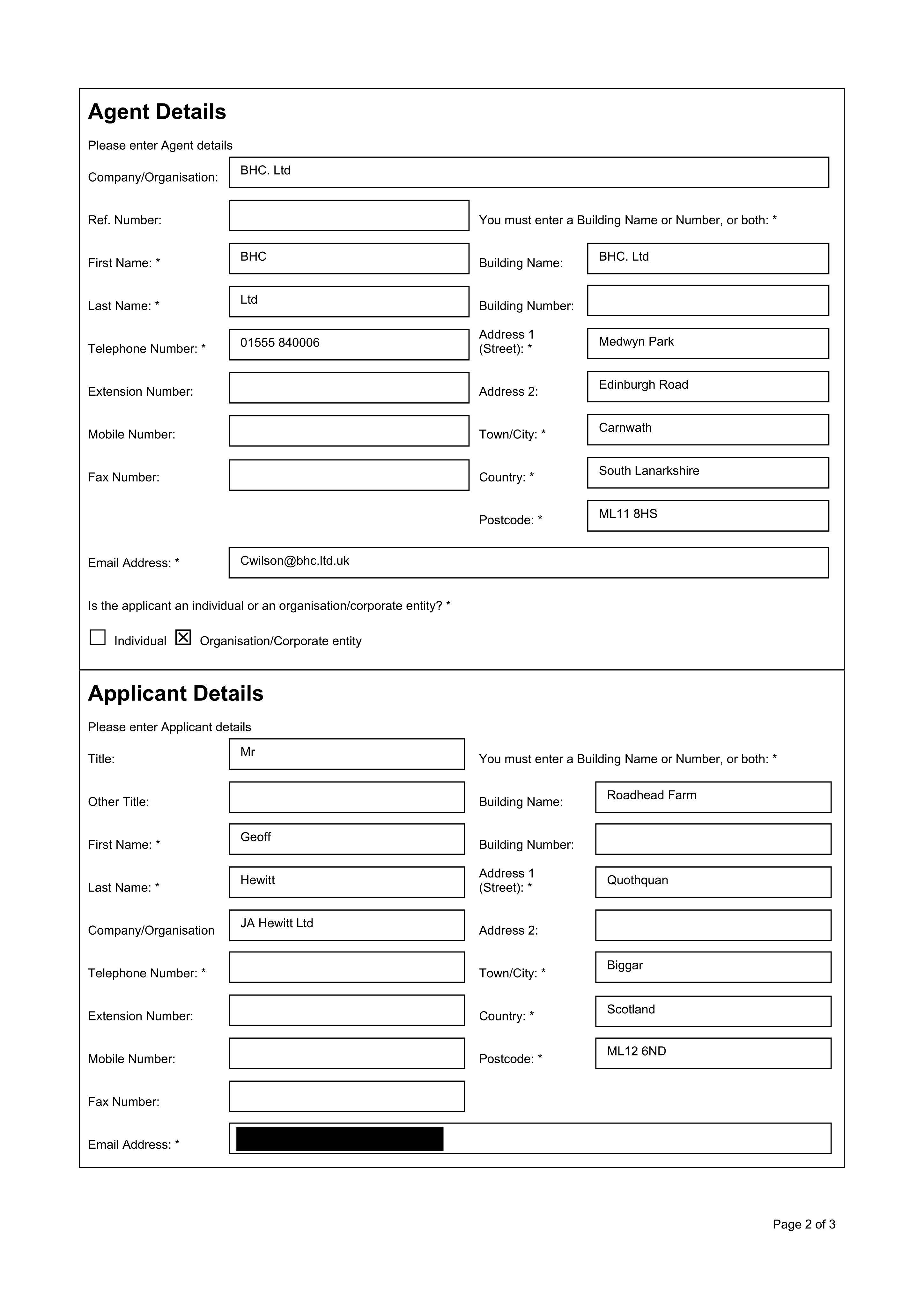 Planning document preview for application P/26/1154, at Roadhead Farm Shieldhill Road Quothquan Biggar ML12 6ND, showing Application pdf, page 2